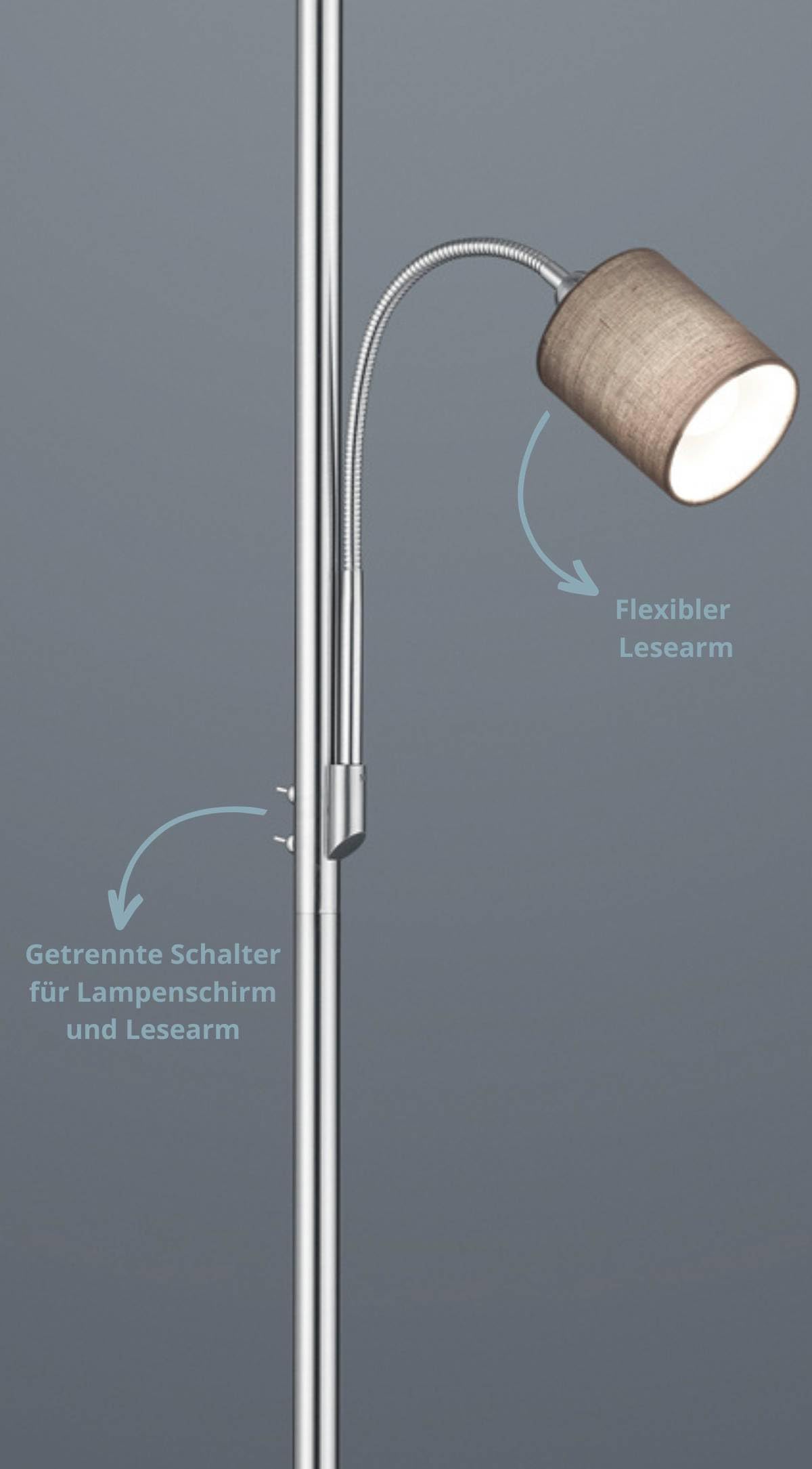 modern Stehleuchte mit Lesearm in nickel matt, Stoffschirm anthrazit, exkl. 1 x E27 max. 60W und 1 x E14 max. 18W, ø 35 cm, Höhe: 170 cm