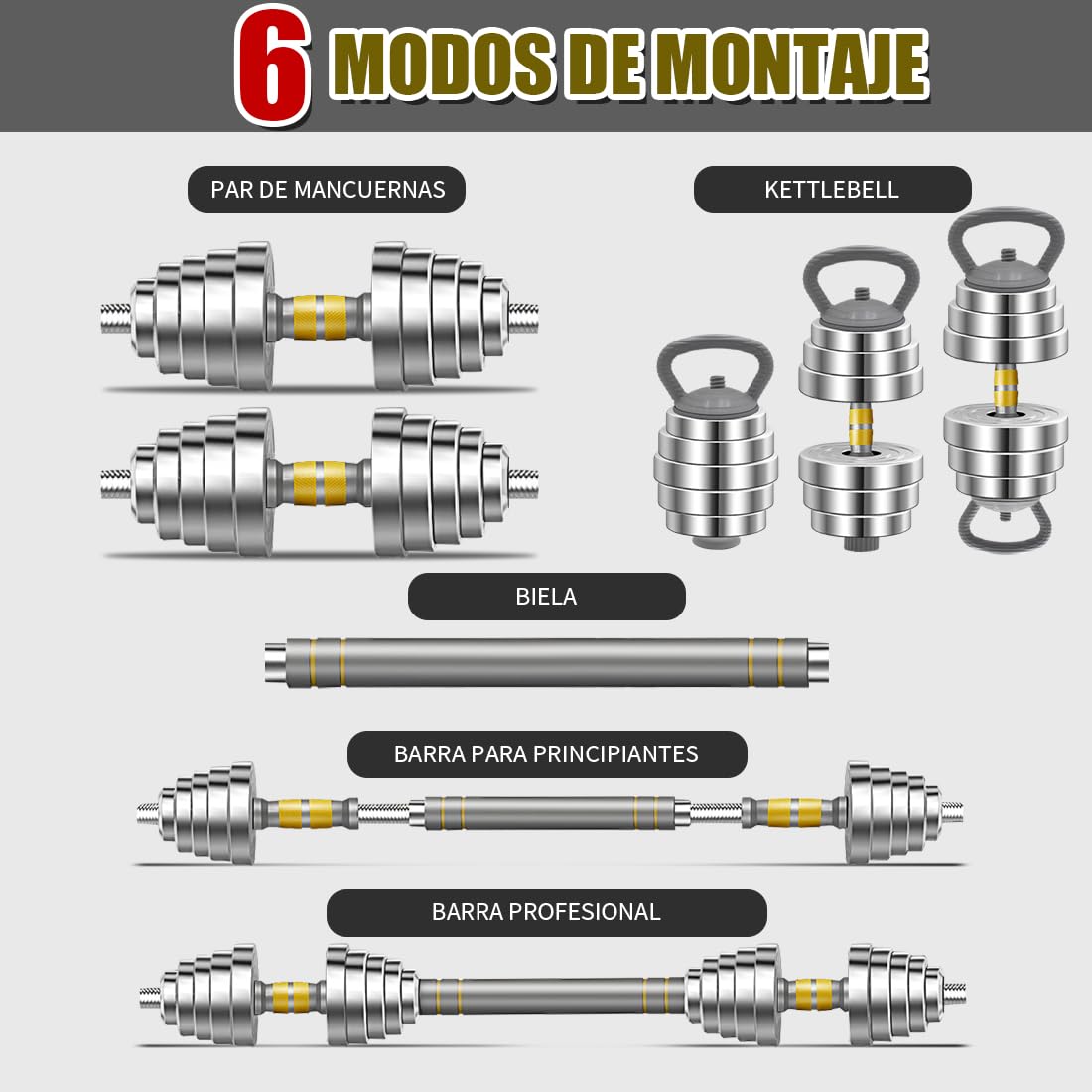 PHOEROS Ensemble d'Haltères Réglables - Set de Poids 20/30/40 KG, Haltère Barre Kettlebell 3 en 1, Haltères en Acier Paire pour Fitness Musculation, Équipement Sportif Domicile Homme Femme