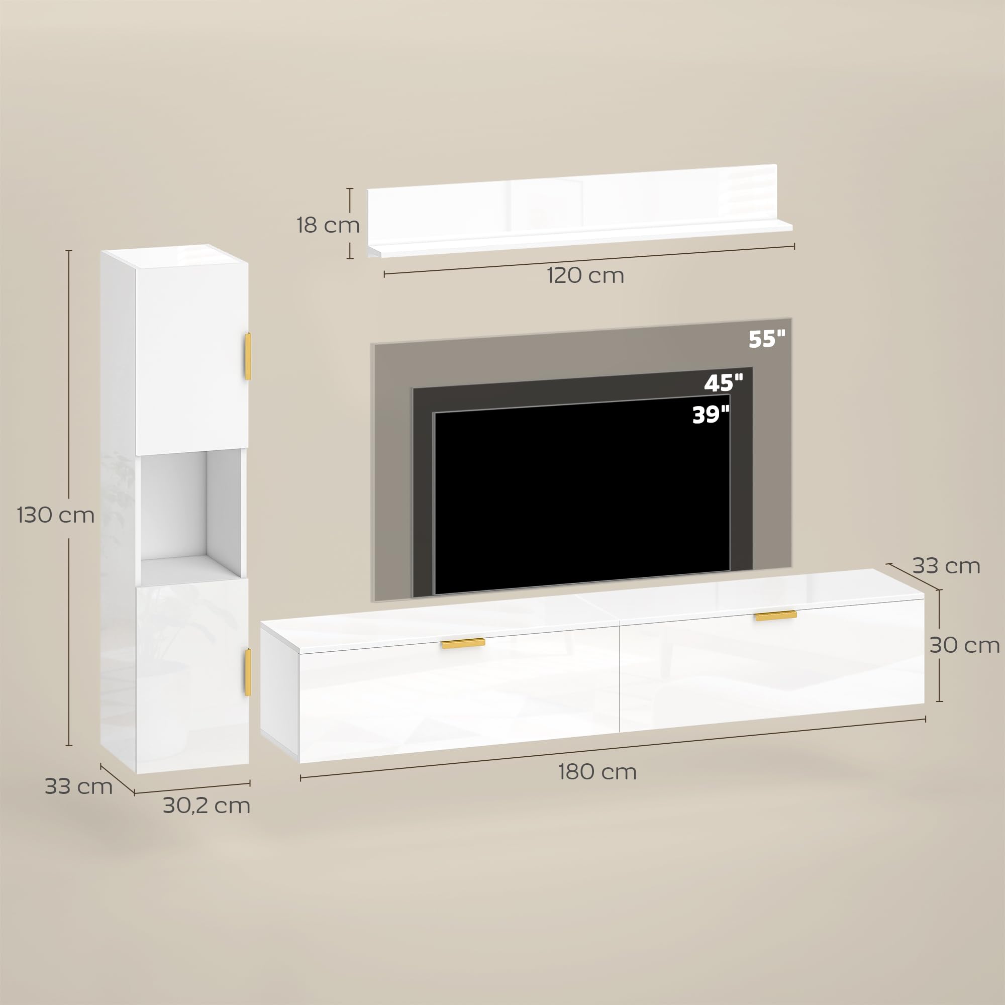HOMCOM Meuble Mural pour Salon avec étagère Murale et Armoire de Rangement, Ensemble TV 3 pièces, Meuble TV avec Portes battantes, pour téléviseurs jusqu'à 55 Pouces, Blanc Brillant