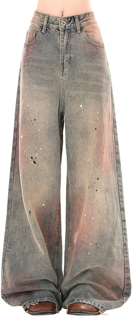 Harajuku Vintage Women's High Waisted Straight Leg Jeans Y2K Casual Colorful Tie-Dye Gradual Denim Pants