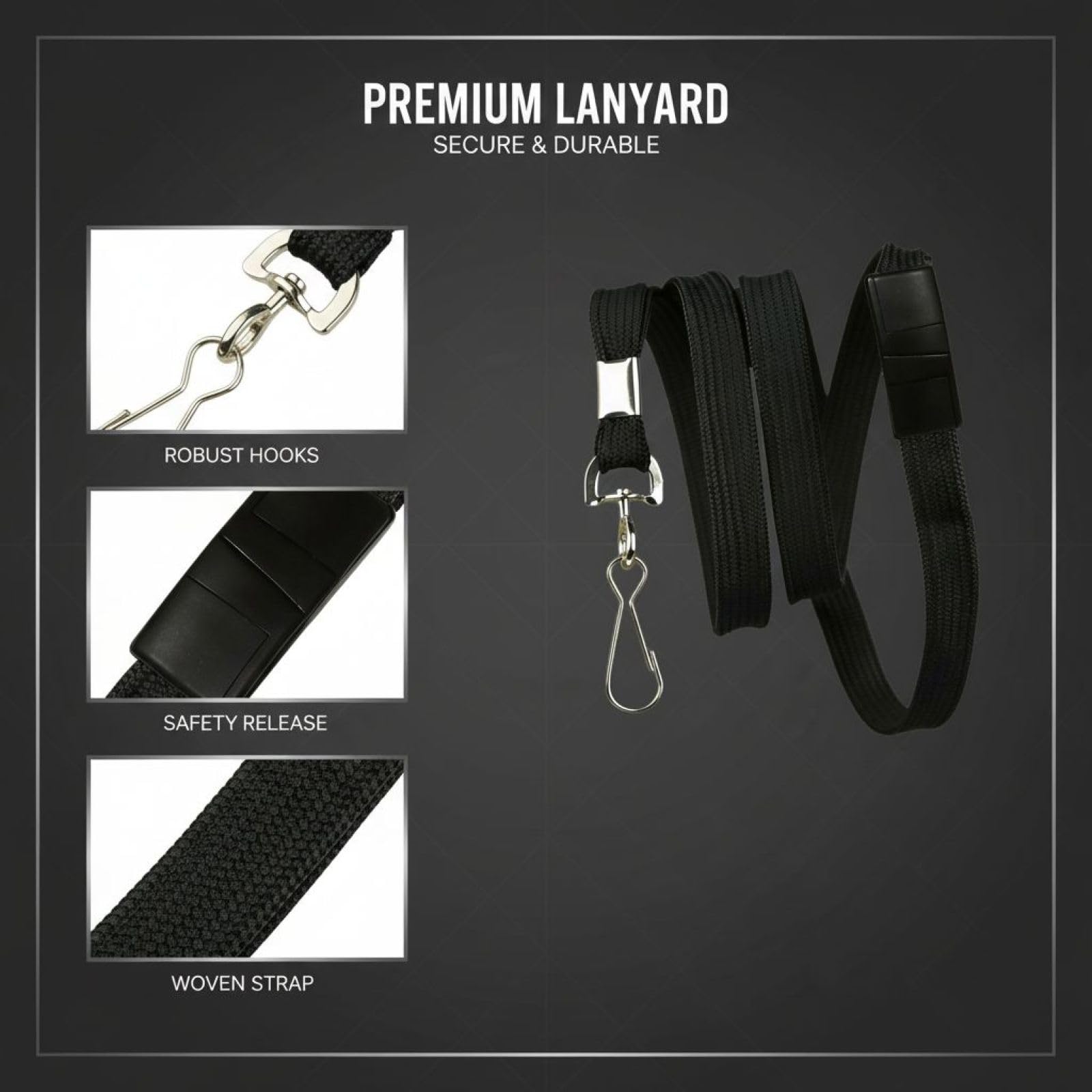 50x schwarze Lanyards, Baumwolle, mit Sicherheitsverschluss & J-Haken. Leicht, abnehmbarer Clip. Ideal für Ausweishalter, Namensschilder, Büro, Events.