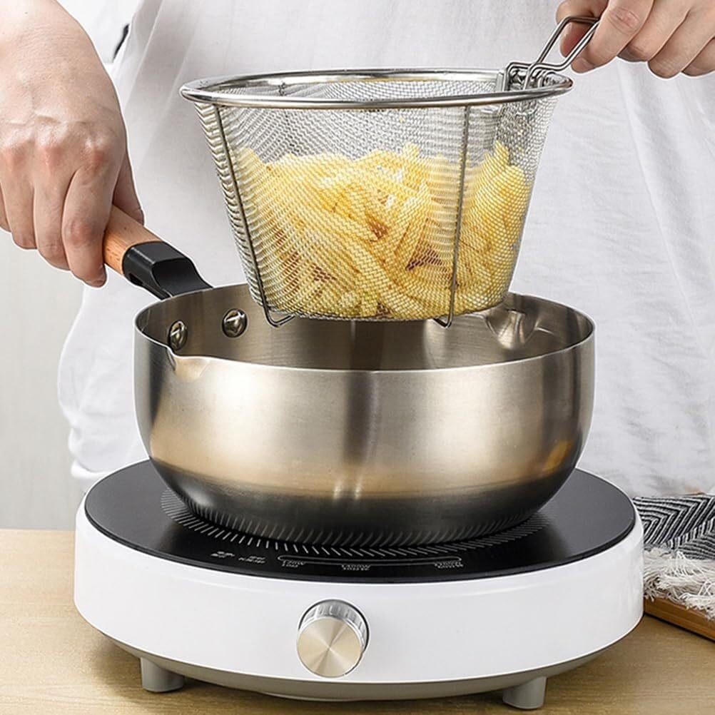 Cestini per Alimenti Famiglia Cestello for friggere in Acciaio Inossidabile, Filtro a Maglie Fini, Porta Patatine Fritte Cestello Friggitrice