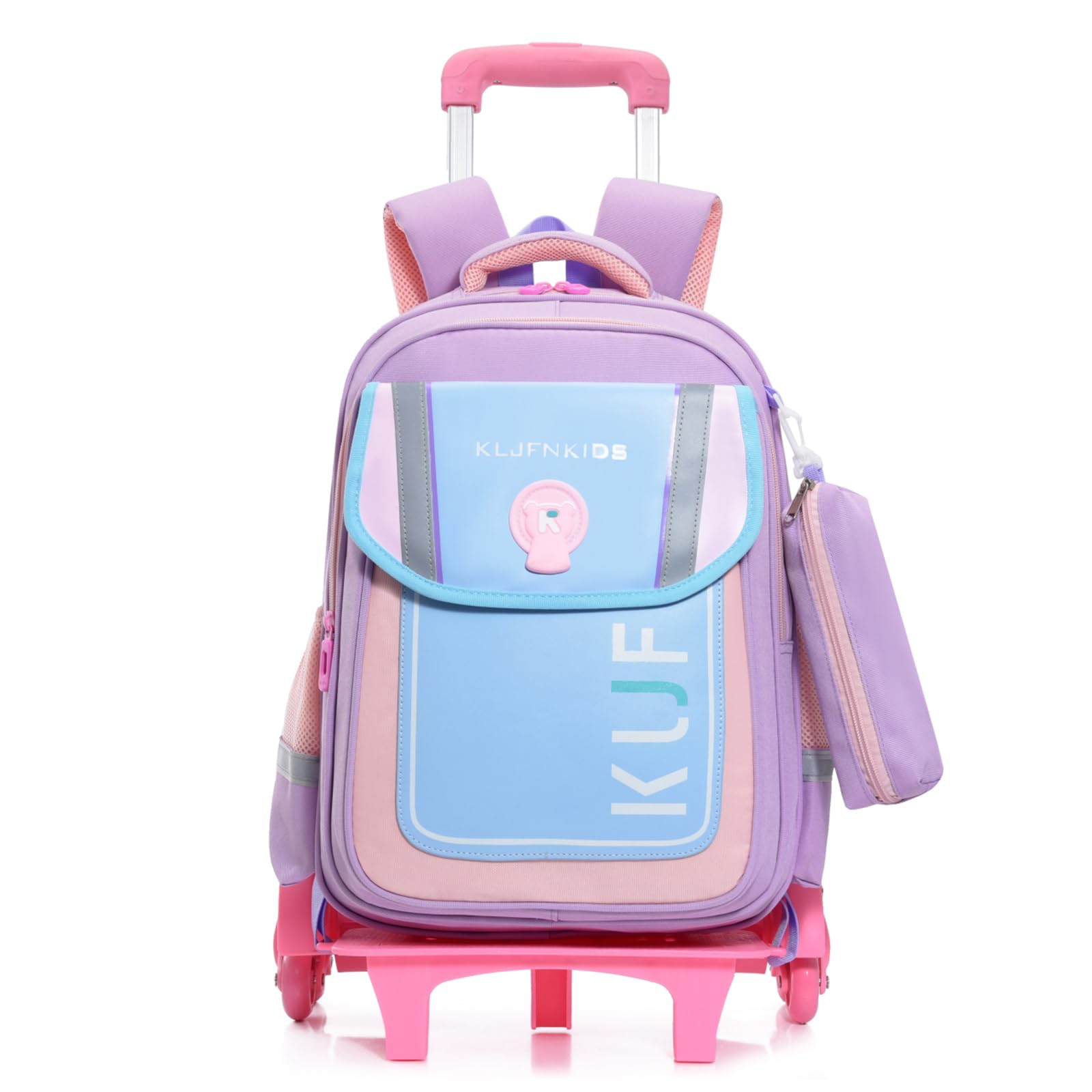 Amythe Mochila Escolar con Carro para Niños y Niñas, Mochila Colegio con Bolsillo para Lápices para Chico Chica 6 8-10 años, Mochila+Trolley 6 Ruedas para Viajar - Morado
