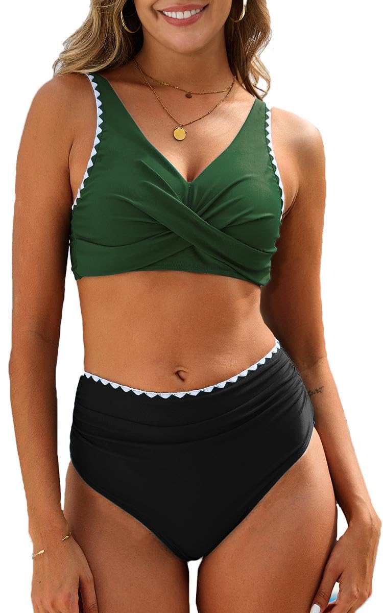 Joligiao Traje de Baño Mujer Bikinis 2 Piezas Push up Cuello en V Conjuntos de Bikinis de Cintura Alta Bañadores Reductors Barriga Bañadores de Natacion Mujer Talla Grande Bikinis