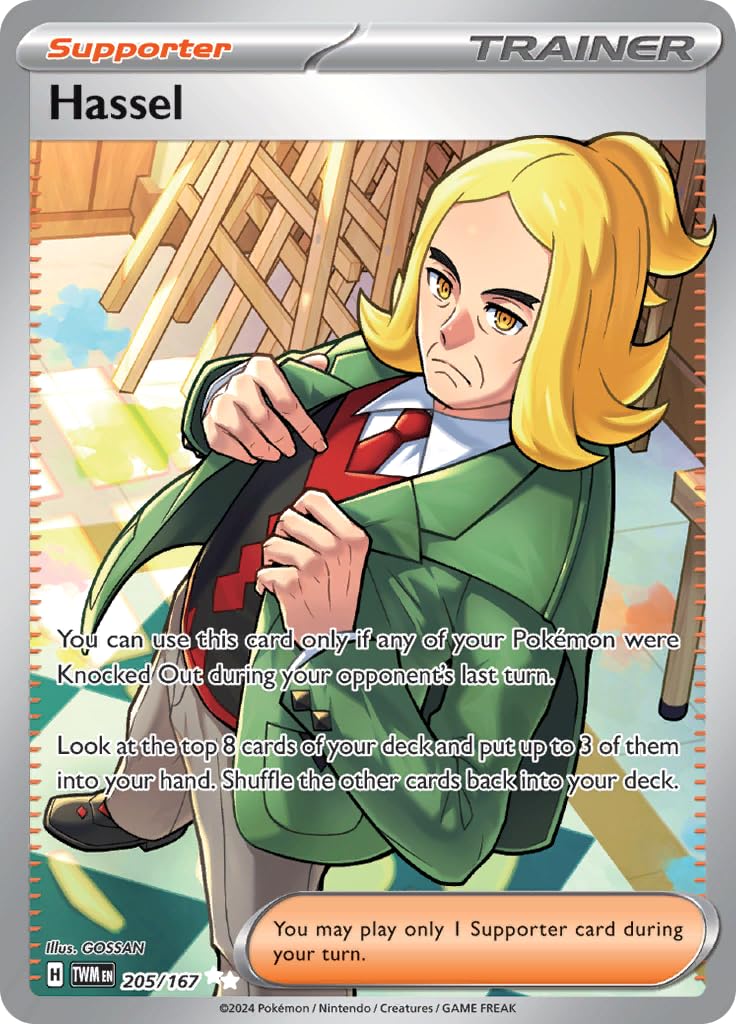 Amazon.com: Pokemon – Hassel 205/167 – Twilight Masquerade – Full Art  Suppoter Card – Secret Rare : Toys & Games