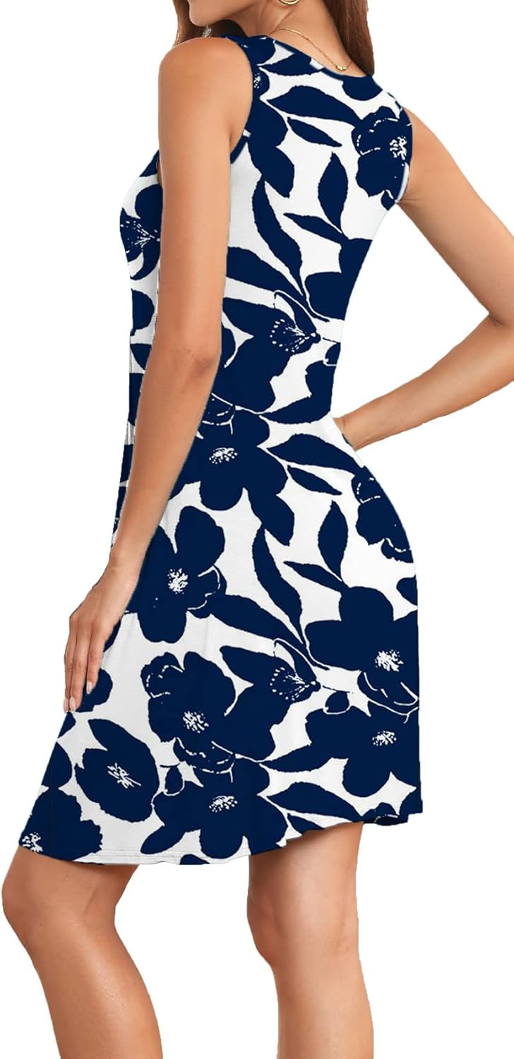 Akihoo Women Summer Casual Sleeveless Midi Plain Pleated Tank Vest Dresses Medium 01-f White Navy Flower image 2 of 5 B0B2P4VWXB