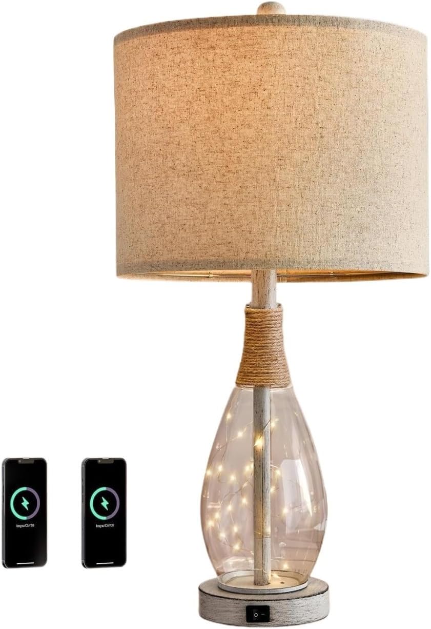 ZR98US Vintage Farmhouse Rattan Lamp Set with USB Night Light - 2pc, Ideal for Bedroom and Living Room