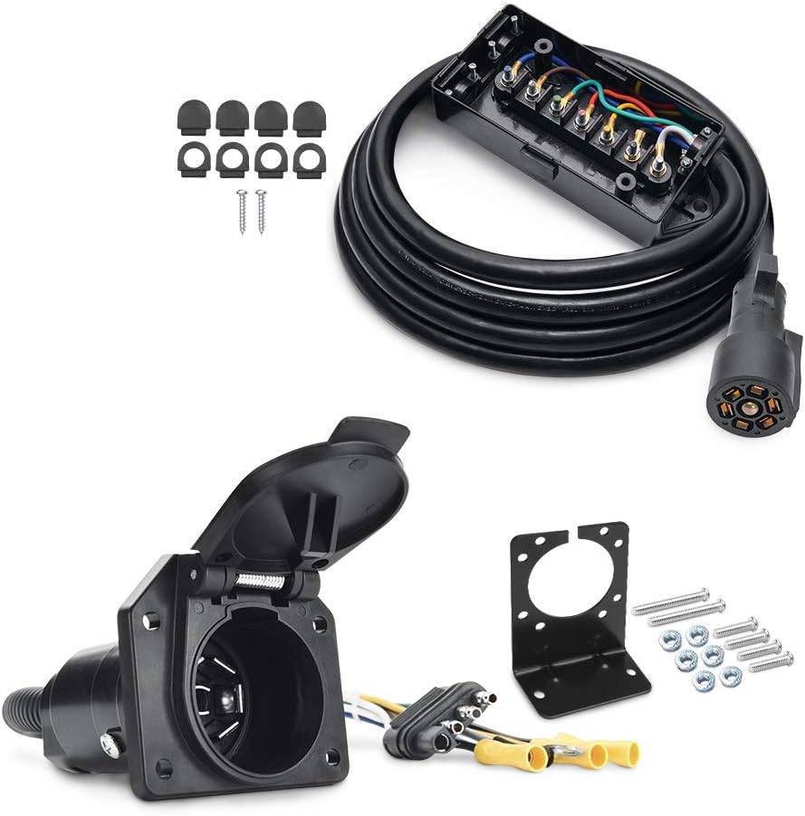 MICTUNING 7 Way Plug Inline Trailer Cord with 7 Gang Junction Box Bundle with 4-Way Flat to 7-Way Round RV Blade Trailer Adapter Plug