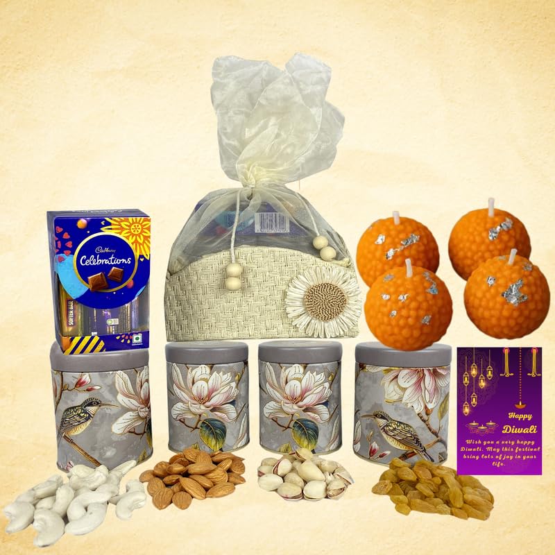 Image of NUTRI MIRACLE Diwali Gift Hamper Chocolates Dry Fruits Nuts Laddu Candles for Employees Gifting