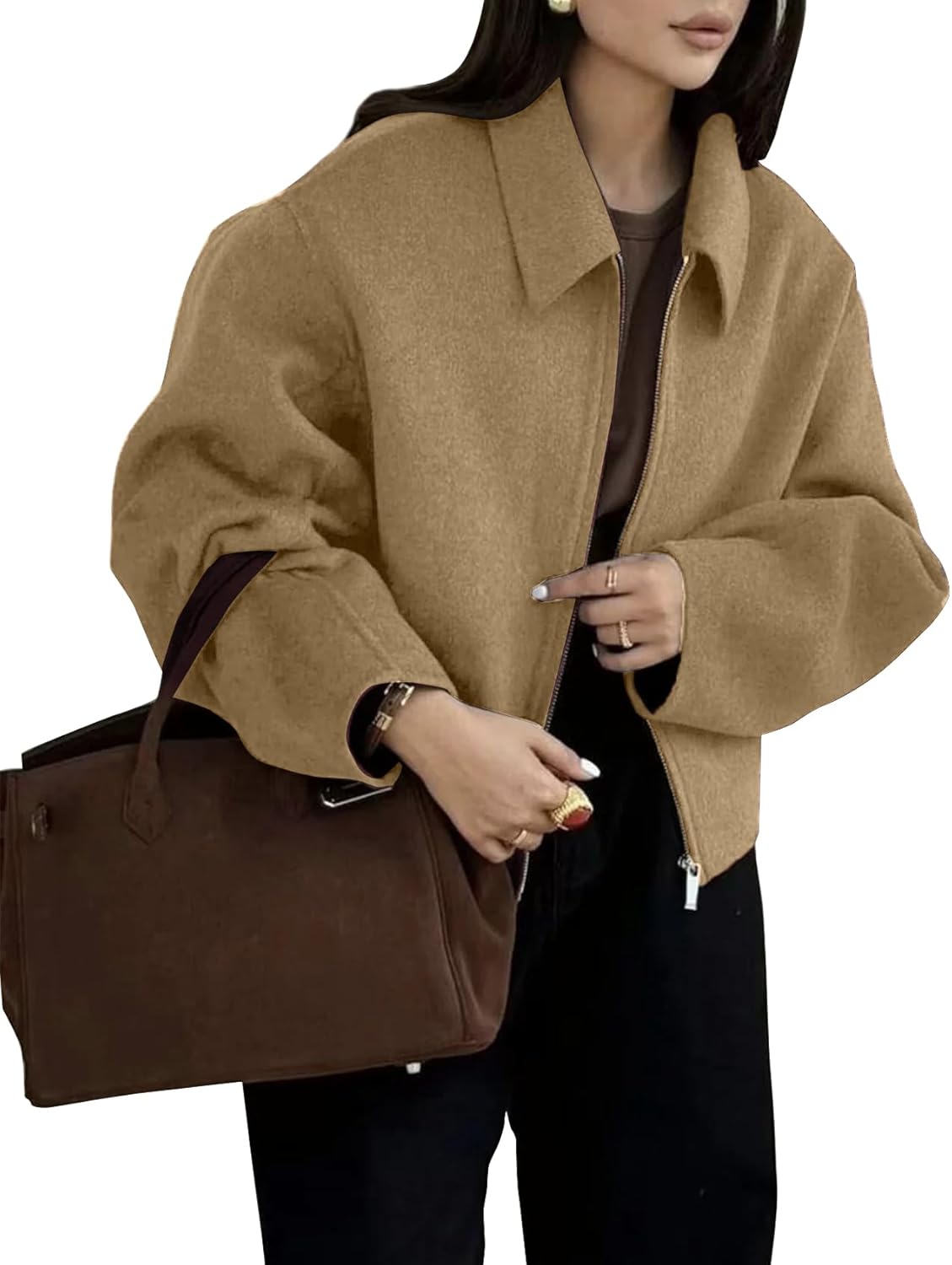 Womens Cropped Wool Jacket Plain Zipper Short Pea Coats Fall Winter Trendy Tweed Jackets 2025