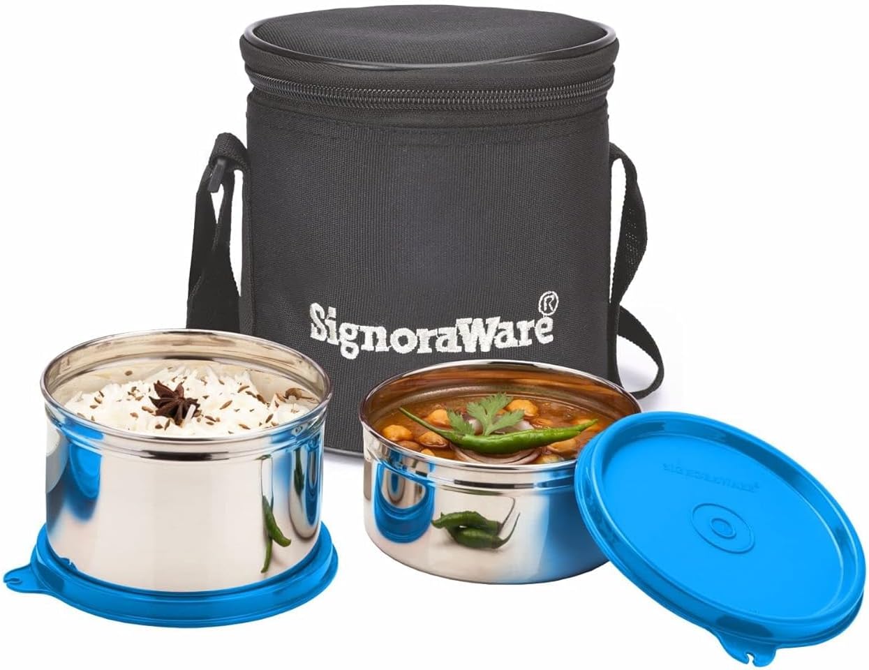 Signoraware Executive Stainless Steel Lunch Box Set 2 with bag | Stainless-Steel Leak-Proof Containers | Full Meal Boxes (Container Size 350mlx1 | 500mlx1 | Blue)