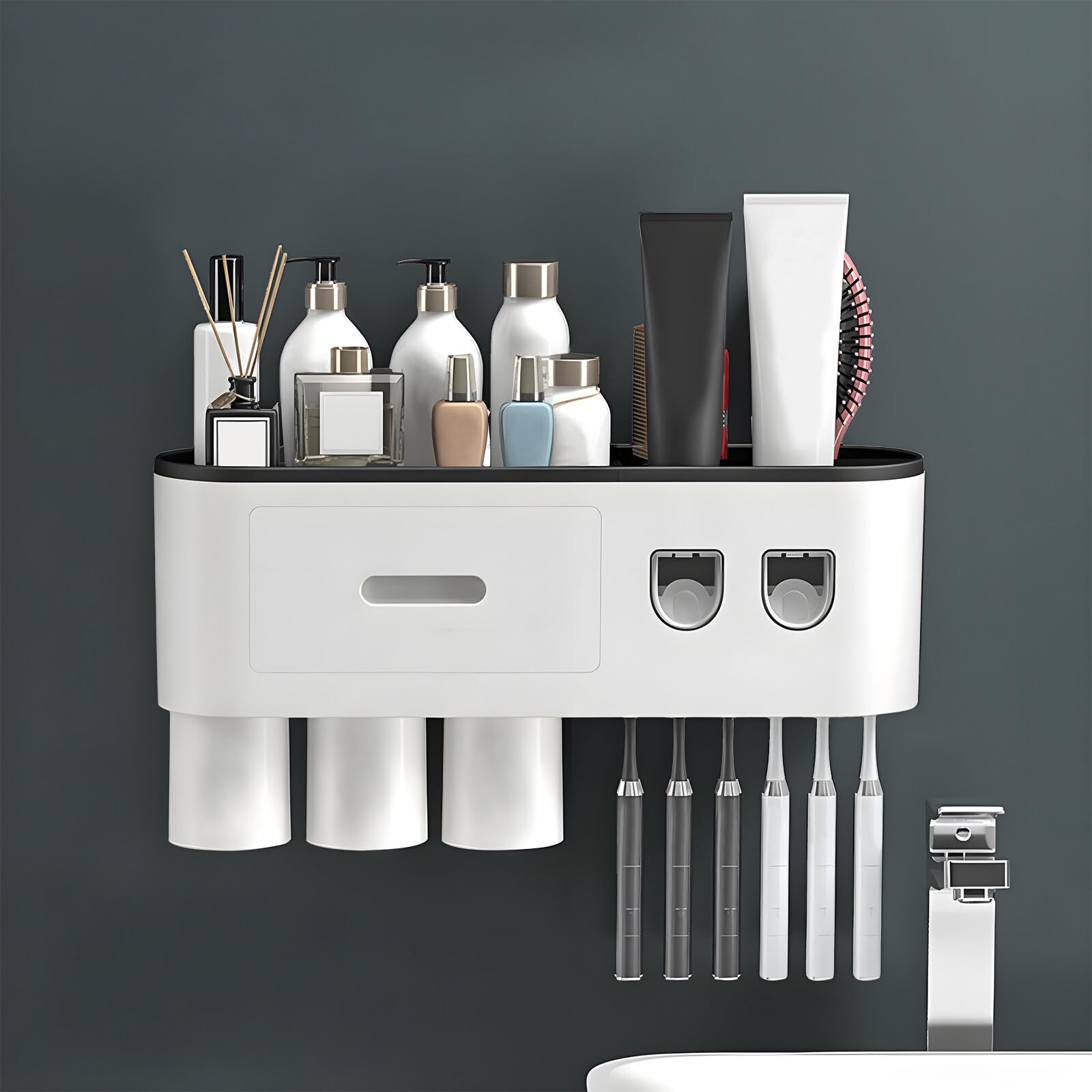 Soporte Cepillo de Dientes Montado en La Pared, Porta Cepillo de Dientes con 2 Dispensadores de Pasta de Dientes, 6 Ranuras para Cepillos, 3 Tazas y Cajón para Baño, Negro
