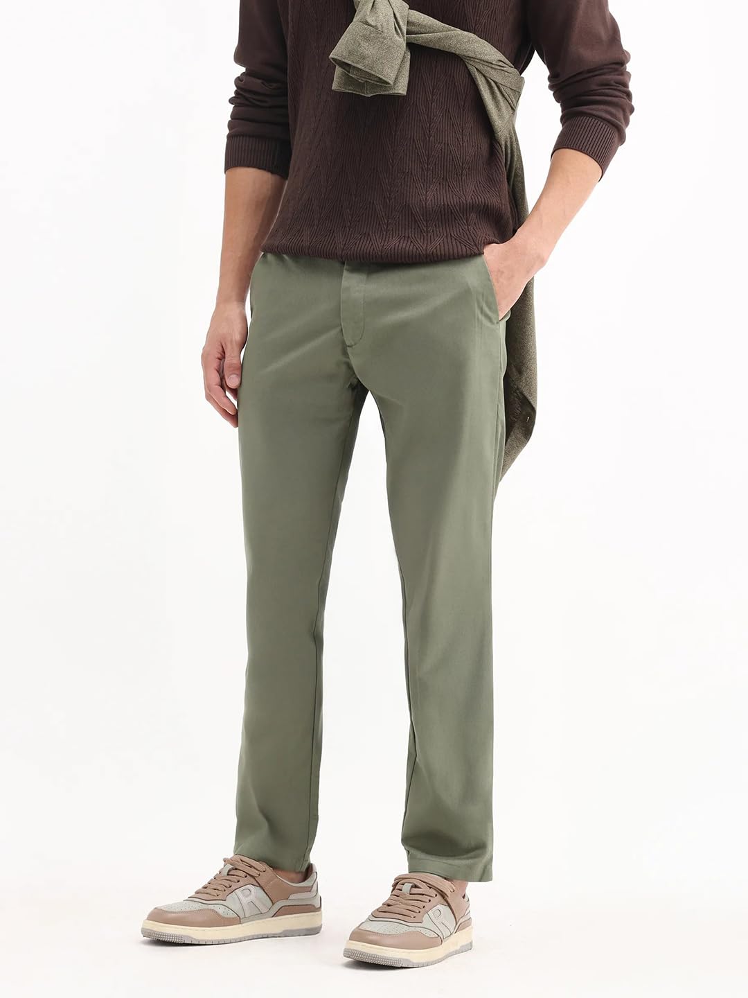Rare Rabbit Men's Ebert Olive Cotton Plain Regular Fit Trouser 1