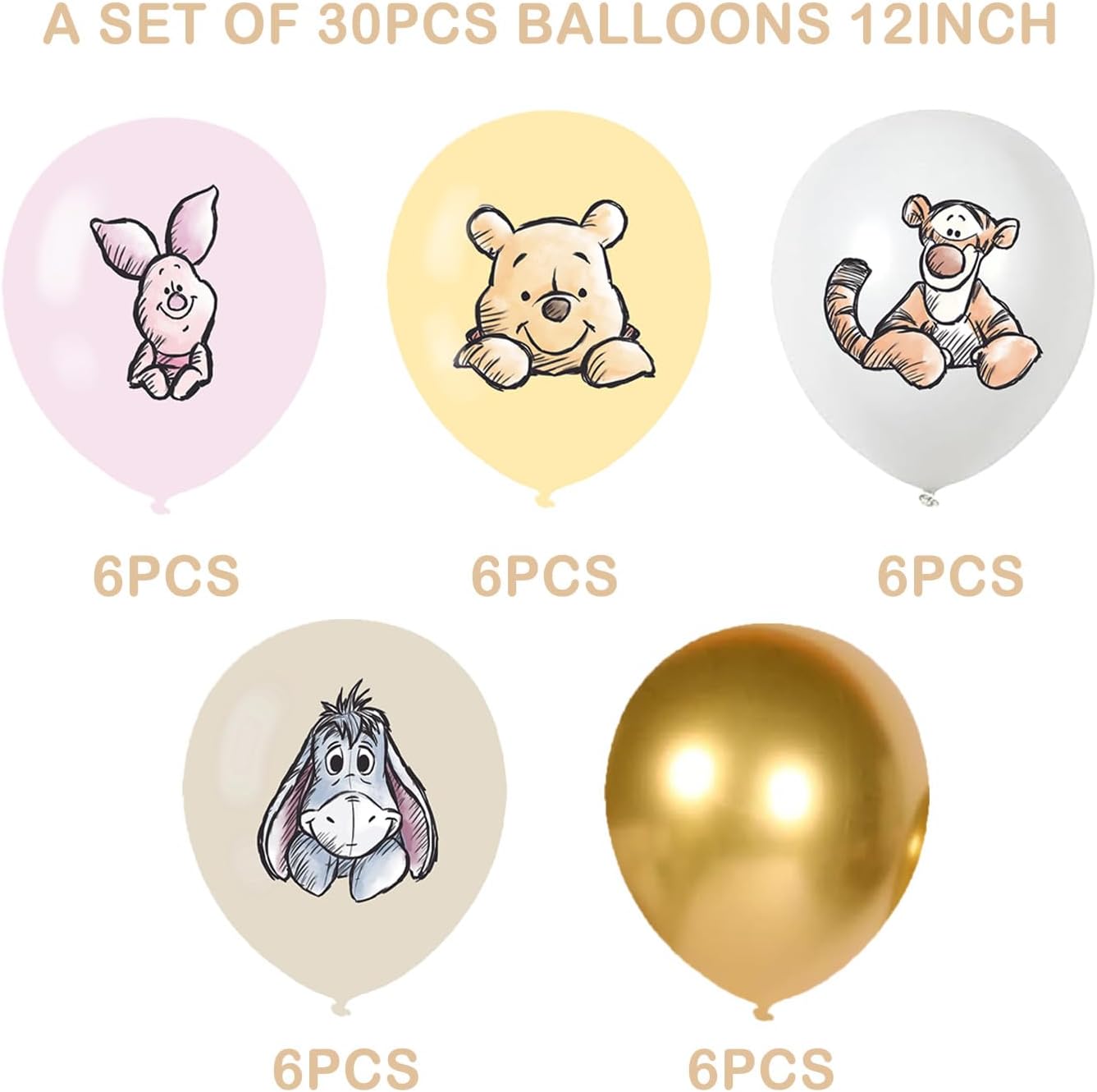 30pcs classic winnie baby shower decorations, 12 inch winnie bear balloons arch kit, 5 designs neutral gender party supplies for birthday gender reveal newborn celebration