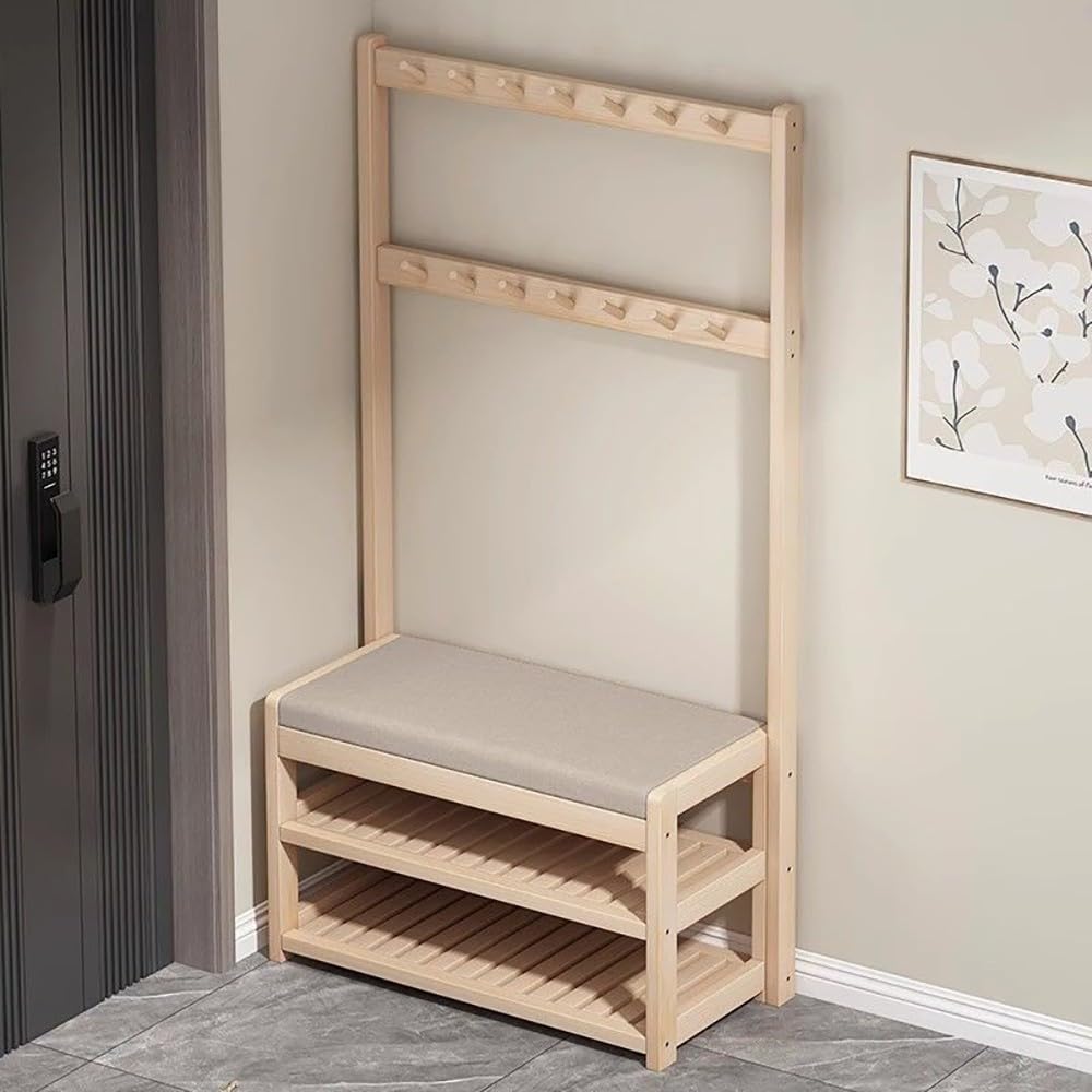 Porte-manteau polyvalent en bois avec banc de rangement à chaussures – 5 crochets pour entrée, salon et couloir – Disponible en tailles 60/70/80/90 cm pour une organisation élégante