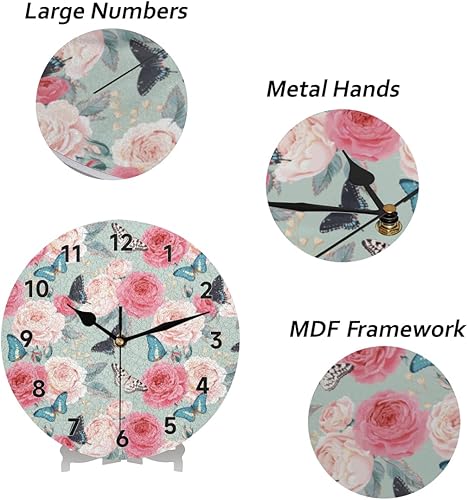 Miniatura 5 de Reloj de pared redondo decorativo con diseño de mariposa rosa de 12 pulgadas, moderno, funciona con pilas, para cocina, sala de estar, dormitorio,