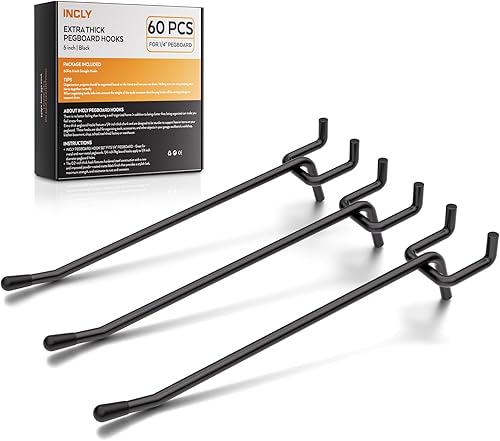 Miniatura 8 de INCLY Juego de 60 ganchos para tablero de clavijas de 2/4/6 pulgadas en negro, accesorios de estanterías de tablero de clavijas de 1/4" de alta