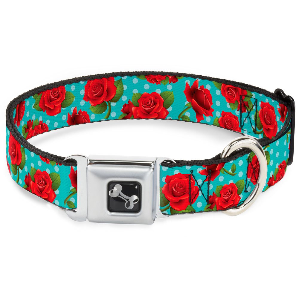 Buckle Down 9-15" Red Roses/Polka Dots Turquoise Dog Collar Bone, Small