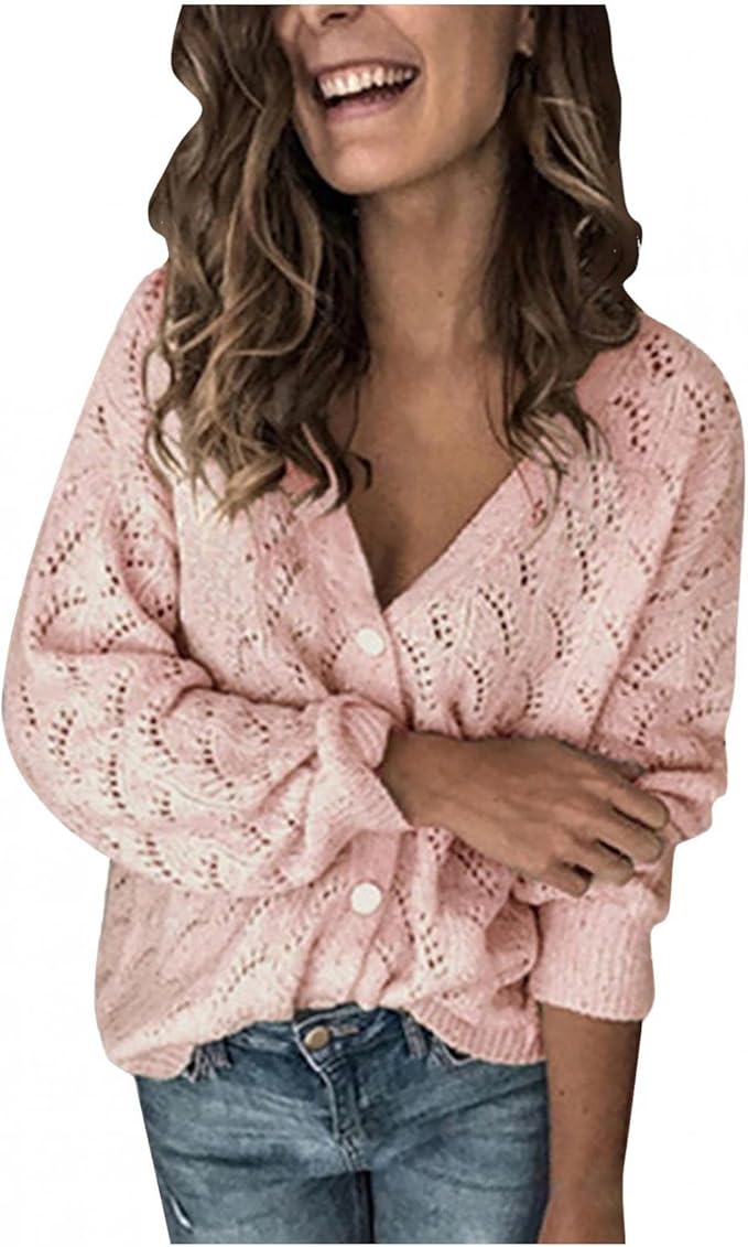 Amazon 4カラー Vネックニットカーディガン ゆったり ボタン付き 柔らか生地 春物 レディース トップス アウター レデイース カーディガン ニット アウター 透かし編み ニット トップス 春 夏 秋 長袖 Vネック 無地 魅力 大人 可愛い 着痩せ 体型カバー カジュアル