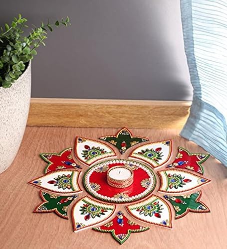Itiha White Red Green 13 Pieces Rangoli Indian Decor for Wall Decoration, Floor Decoration & Table Decoration for Diwali & Christmas with Tea Light Candle Holder (15 inches * 15 inches)