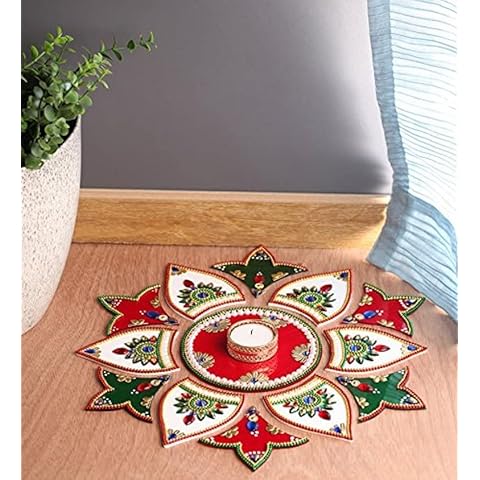 Itiha White Red Green 13 Pieces Rangoli Indian Decor for Wall Decoration, Floor decoration & Table decoration for Diwali & Christmas with Tea light candle holder (15 inches * 15 inches) Cover