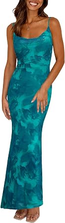 OWIN Women Summer 2025 Floral Dresses Sleeveless Long Mesh Bodycon Maxi Dress Spaghetti Strap Wedding Guest Dress