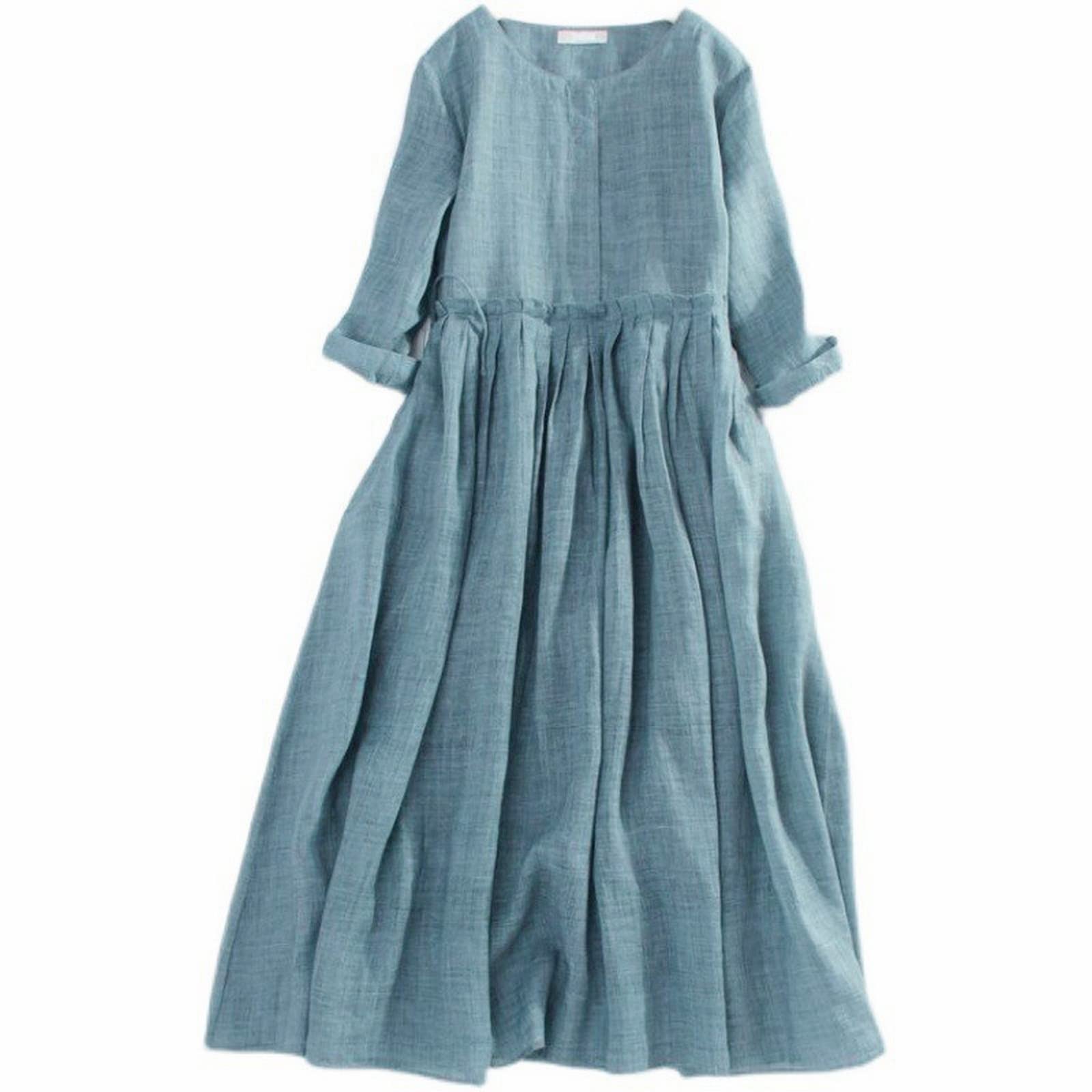 Générique Vestido largo para mujer Maxi Vestidos Boho Vestido Mujer Lino Primavera y Verano Cuello Redondo plisado Cordón de sujeción Mangas de siete puntos para mostrar Delgado Vestido largo holgado, vestido