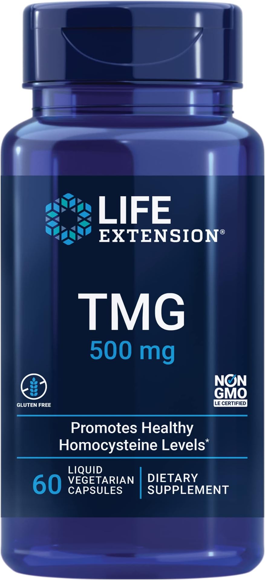 Life Extension TMG, trimethylglycine, Encourages Healthy homocysteine Levels, Non-GMO, Gluten-Free, Vegetarian, 60 Capsules | Trimethylglycine (TMG) Helps Maintain Already Normal Homocysteine Levels, Non-GMO, Gluten-Free & Vegetarian Capsules