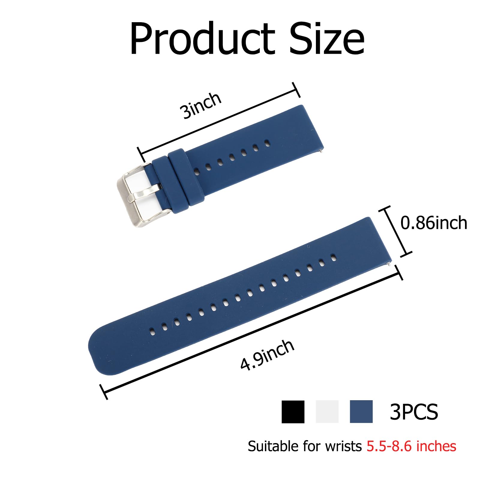 Fepibur 3Pcs 22mm Watch Band,Silicone Watch Strap Replacement Strap with Stainless Steel Smart Watch Bands for Men (Black, White, Dark Blue)