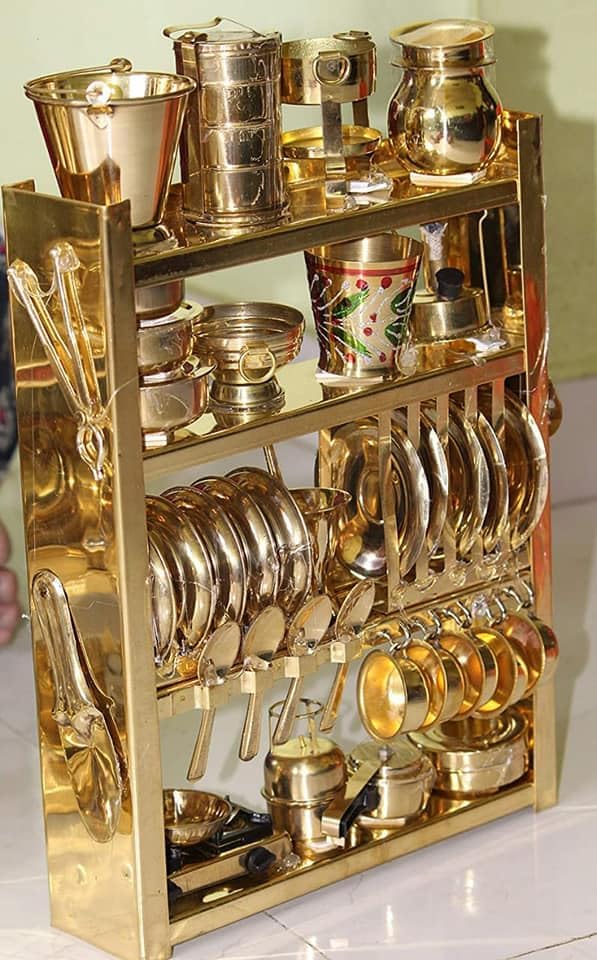 Tirtha Enterprises Handcrafted Brass Miniature Kitchen Set/Bhatukali/Toy Set/Home Decor/choppu Jaman/Real Cooking Kit for Play with Brass Stand (Basic)