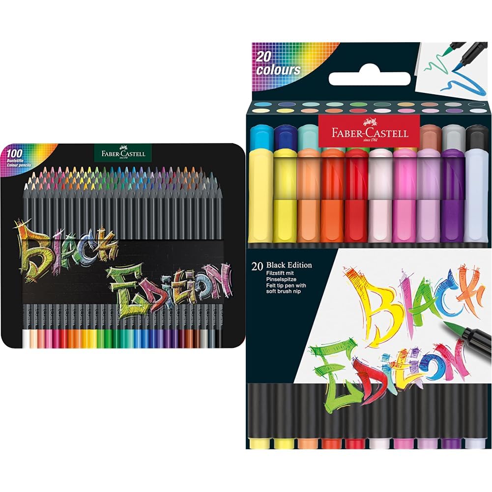 Faber-Castell 116490 - Buntstifte Black Edition, 100er Metalletui, bruchsicher, für Kinder und Erwachsene & 116452 - Filzstifte Set Black Edition 20er Etui, mit Pinselspitze, für Kinder und Erwachsene