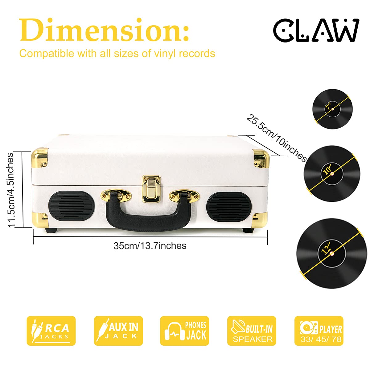 Claw Stag Portable Vinyl Record Player Turntable with Built-in Stereo Speakers, Volume Control Knob, AUX Input and RCA Output, 78 RPM Speed, High Qualiy Diamond Stylus and Headphone Jack (White) Product Image 3