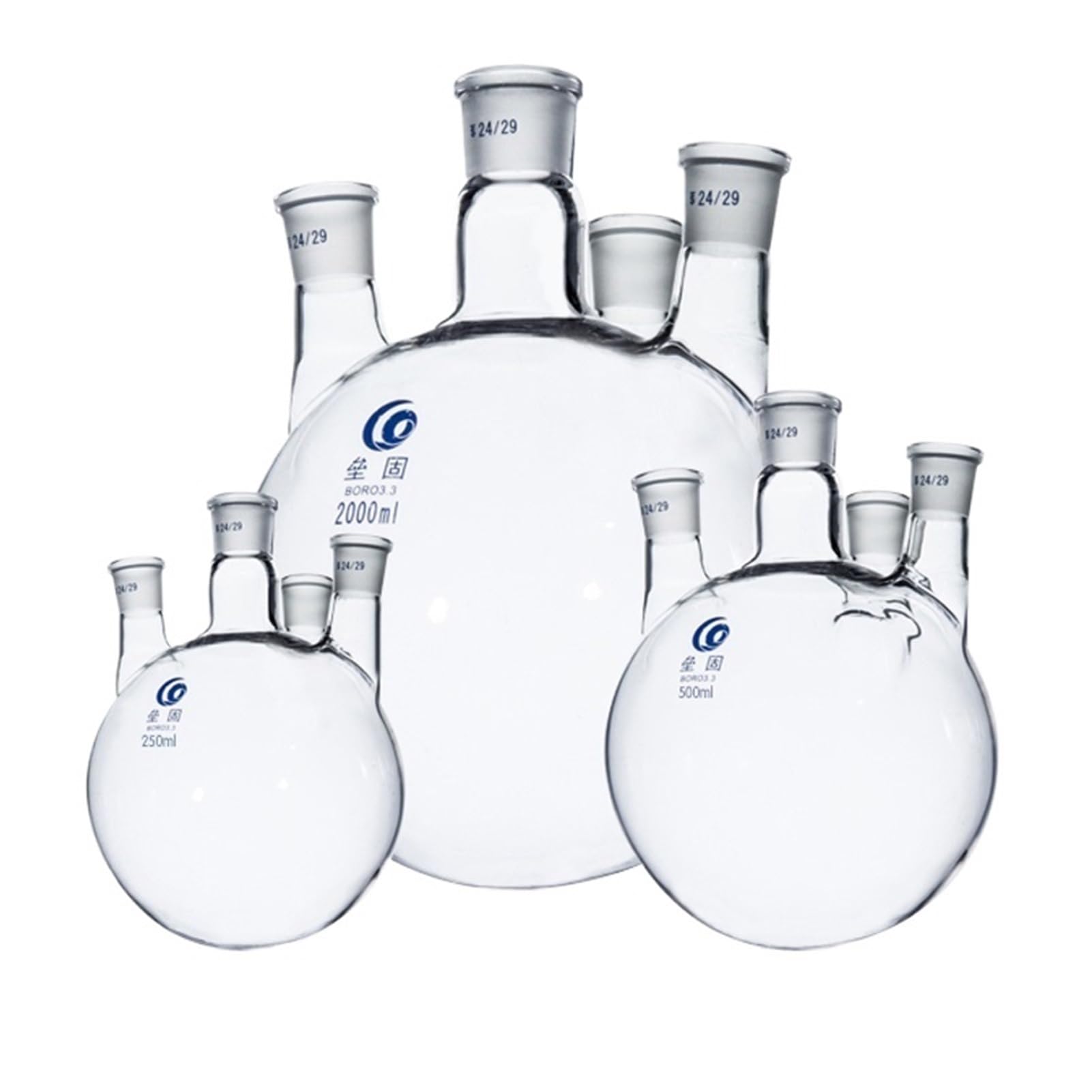 matraz de fondo redondo， Matraz de reacción de fondo redondo de 4 bocas, vidrio de borosilicato espesado, 250 ml-2000 ml, varios tamaños(250ml 24x24x24x24)