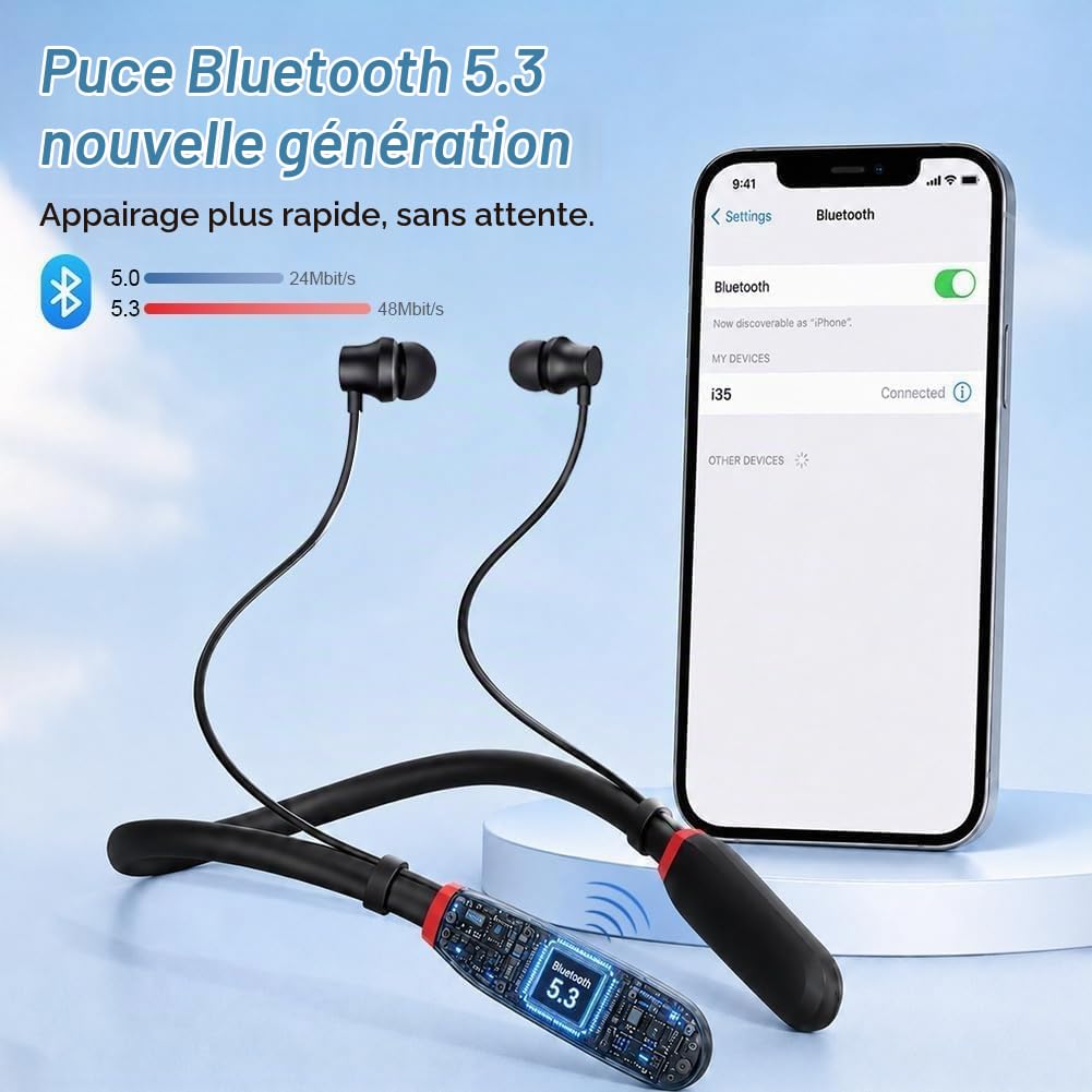 Écouteurs Bluetooth Sport À Tour De Cou avec Câble 200H de Lecture, Casque Bluetooth sans Fil, Écouteurs Intra-Auriculaires Bluetooth IPX4, Écouteurs Magnétiques pour Fitness Course Bureau, Noir