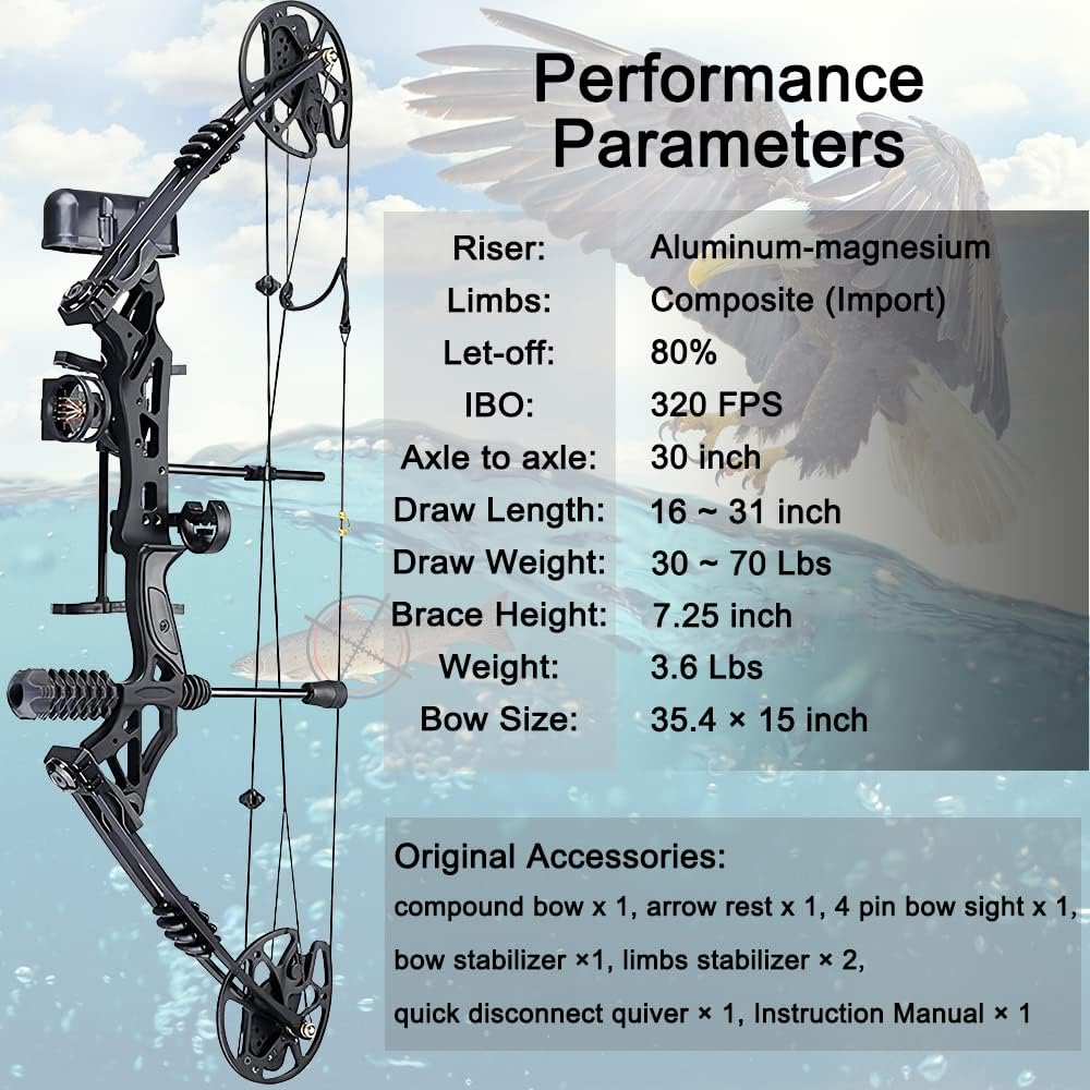 Compound Bow Kit, Hunting Bowfishing Kits, 30-70 Lbs Draw Weight, 16-31" Draw Length, up to IBO 320 FPS, Adults & Youth Beginner Archery Accessories Set