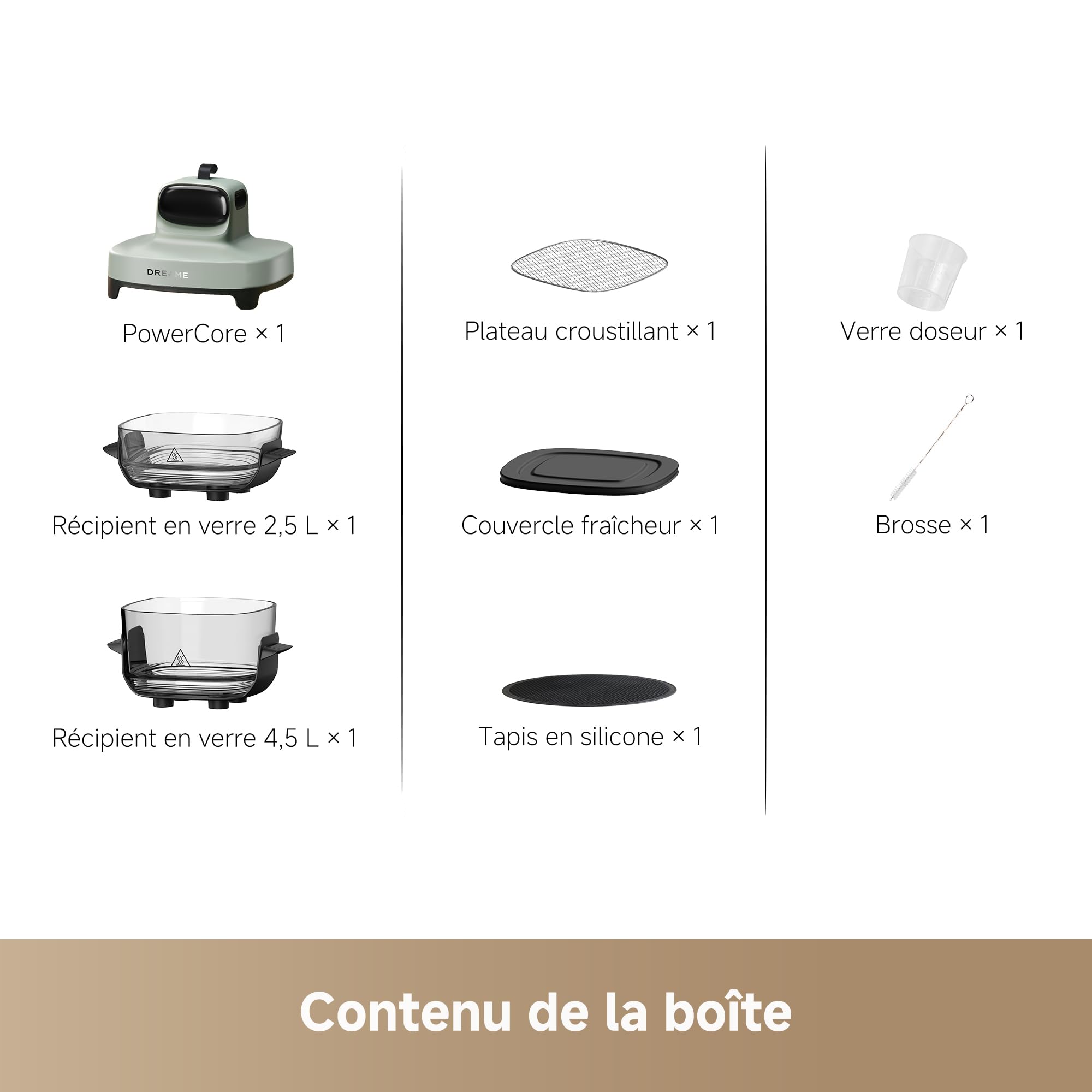DREAME Tasti Friteuse à air en verre portable 5 en 1, 2,5 L + 4,5 L | 2 cuves, cuisson sans huile, rôtir, griller, réchauffer, maintien au chaud, verre résistant, vue à 360°