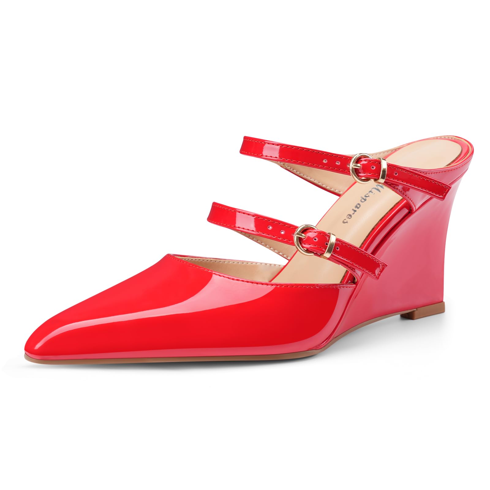 Oh Mispares Pointed Toe Heels Wedge Pumps for Women Slip-on 3 Inch Buckle Strap Patent Leather High Heels for Wedding Bridal Prom Dress Black