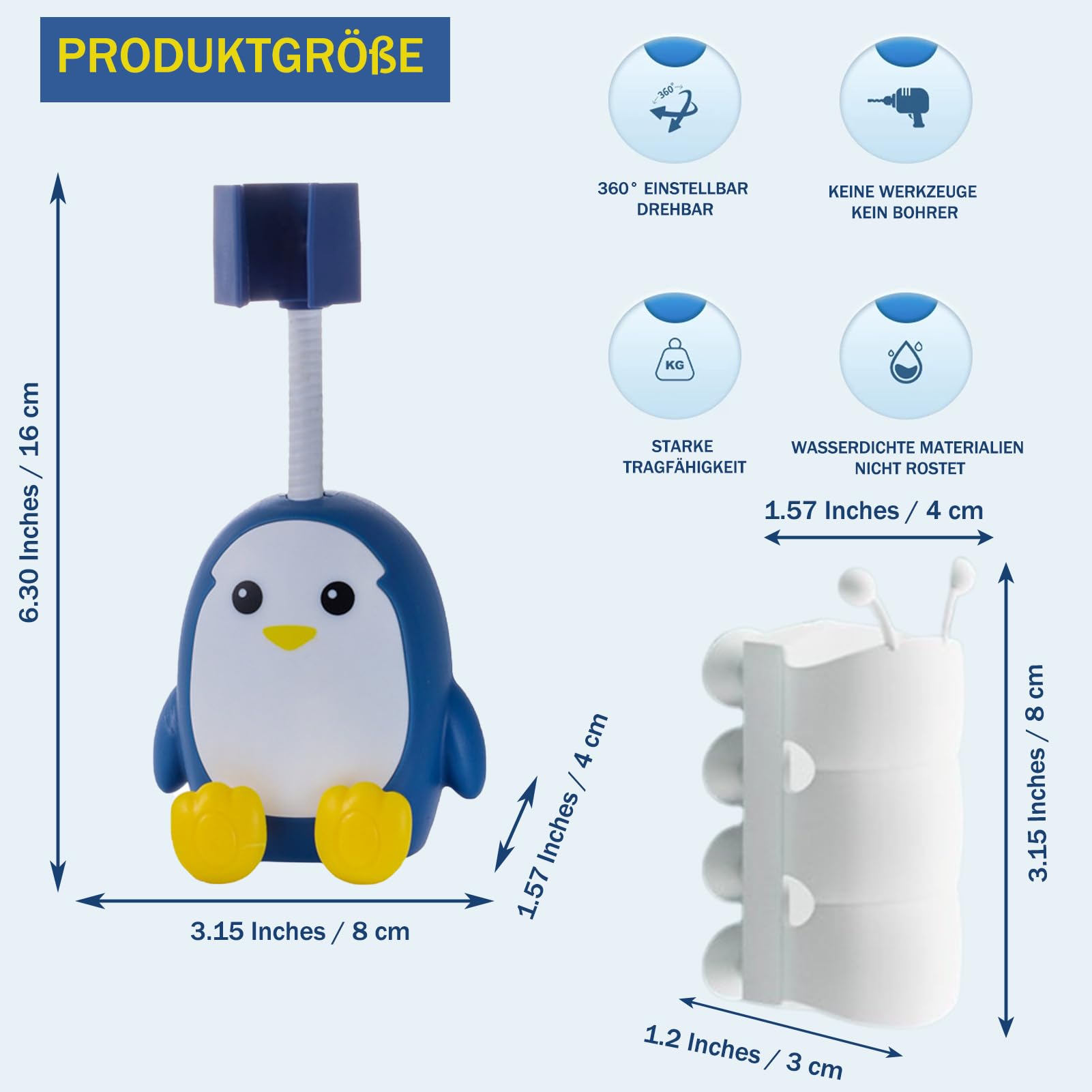 MIUPOO Duschhalterung ohne Bohren Silikon Saugnapf Handbrause Halterung Duschstabhalter Duschkopfhalter Wandhalterung Pinguin Cartoon Duschhalterung, 360° Verstellbar,2 Stücke