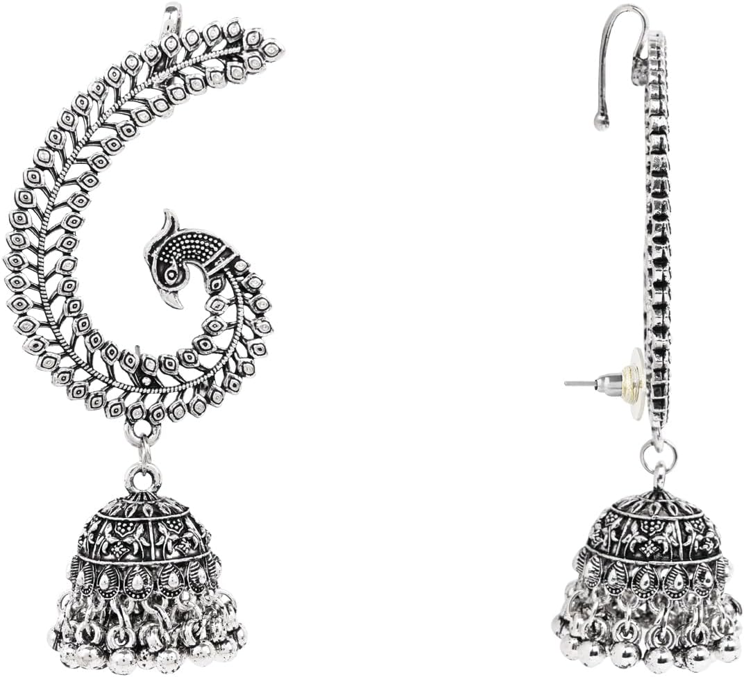 I Jewels Silver Plated Oxidised Peacock Ear Cuff with Jhumka Detailing for Women (E3398OX)
