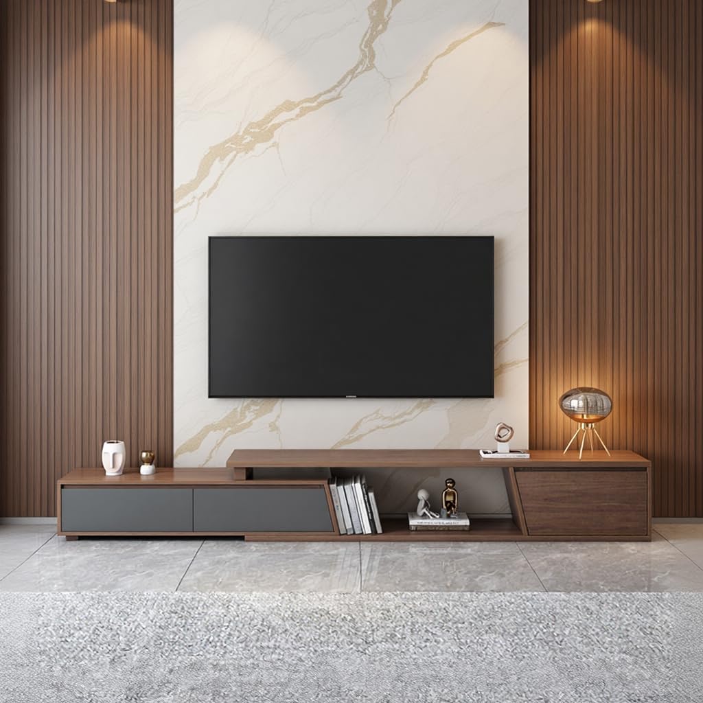 Modern Walnut TV Stand Entertainment Center, Extendable to 120 Inch, 3 Storage Drawers, Contemporary Media Console with Shelves, Walnut Grey