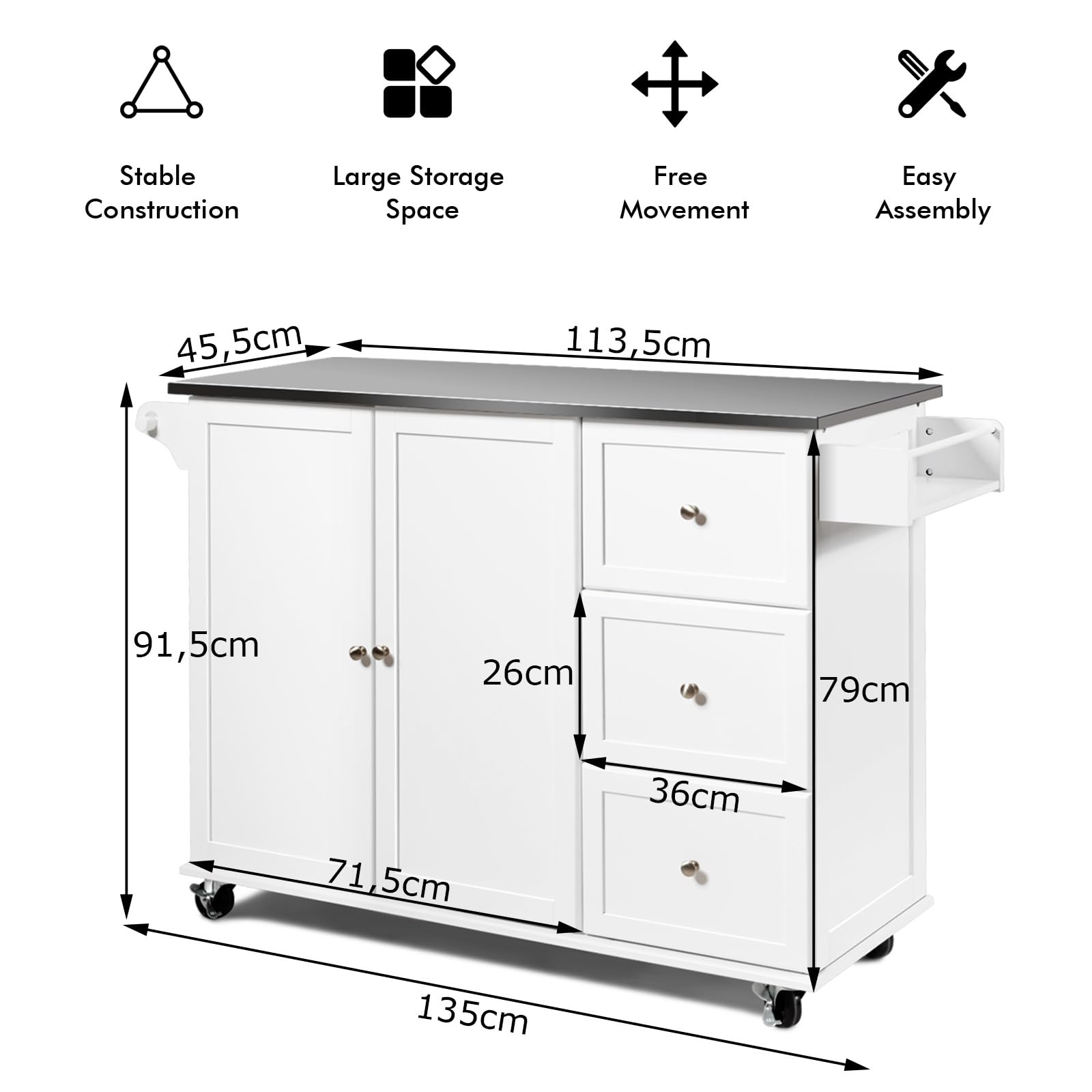 KOMFOTTEU Isla de Cocina con Encimera de Acero Inoxidable, Carrito de Servicio con 3 Cajones, Toallero y Estantes Ajustables, Armario de Cocina con 5 Ruedas, 135 x 45,5 x 91,5 cm (Blanco)