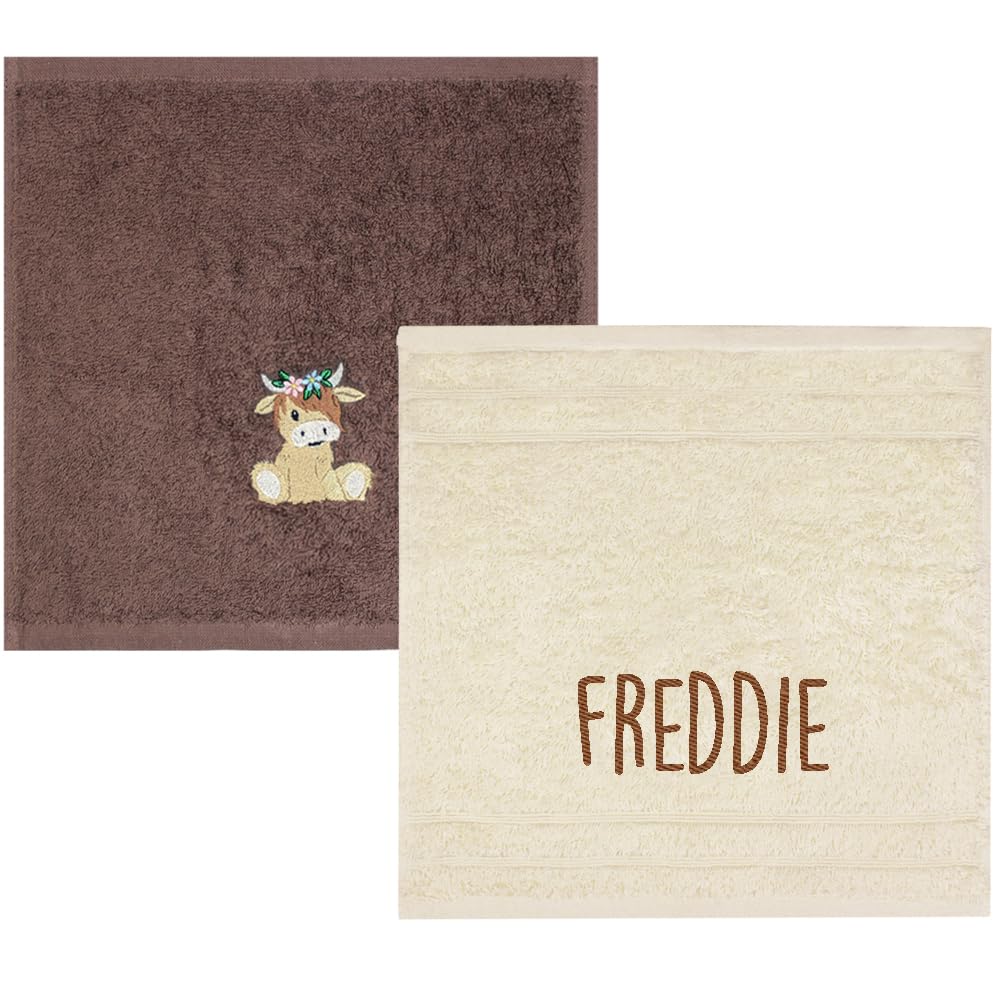 TeddyT's Personalised Highland Baby Cow Kids Flannel Face Cloth Set (Chocolate & Cream)