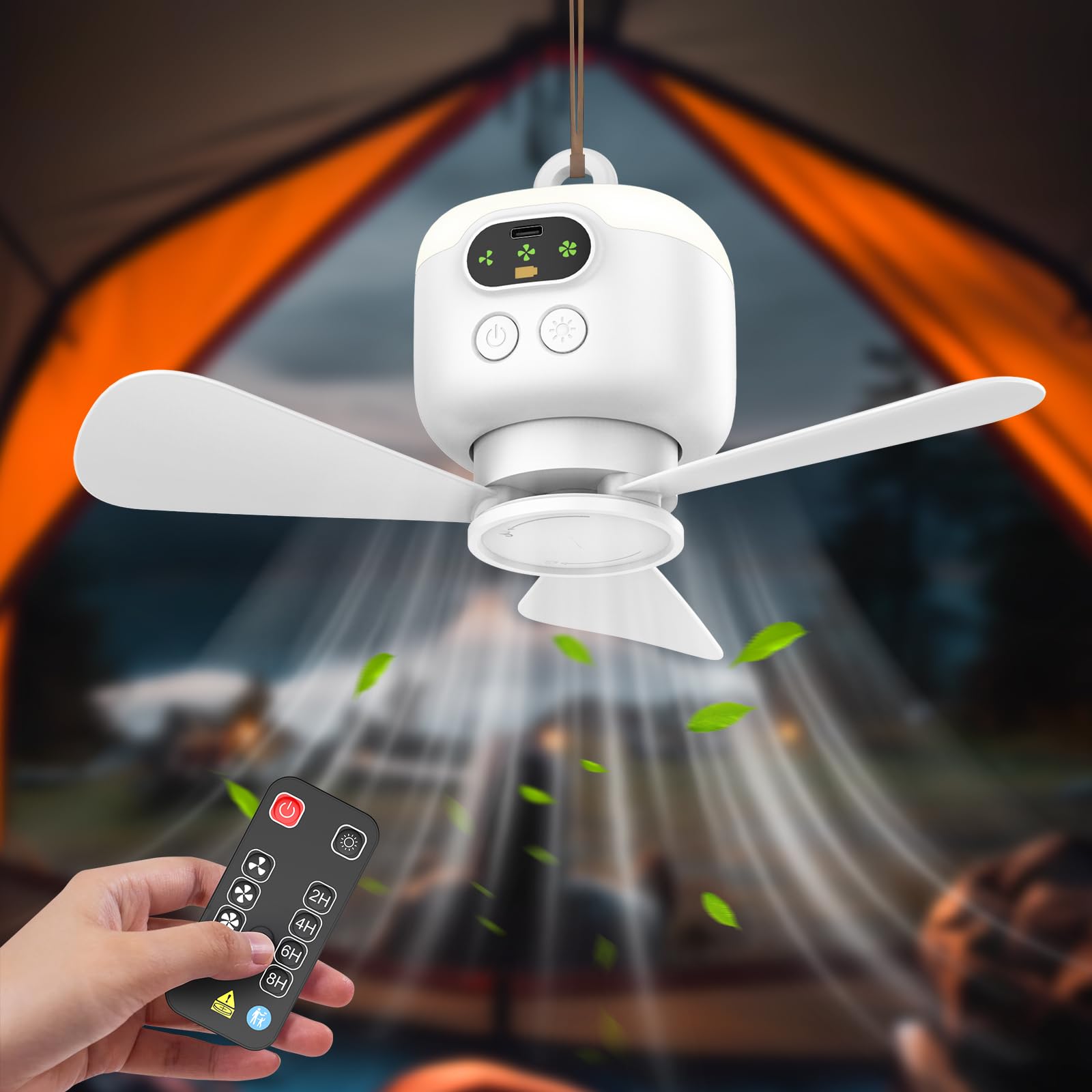 Akku Deckenventilator mit LED Beleuchtung & Fernbedienung, 8000mAh Camping Ventilator zum Aufhängen, Leiser Mobiler Zeltlüfter mit Licht, USB Aufladbar für Zelt, Pavillon, Terrasse & Outdoor (A)