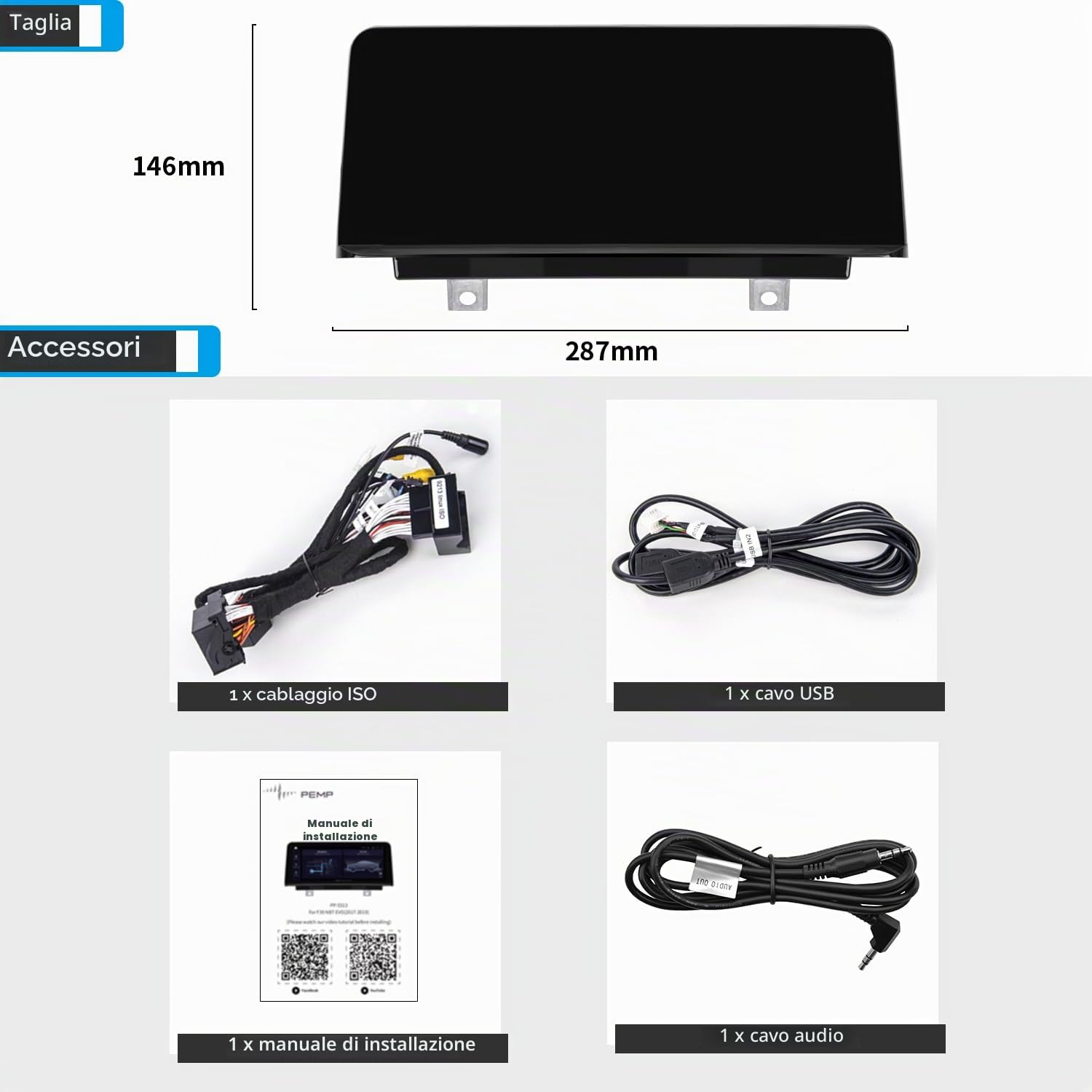 PEMP Schermo Linux per BMW F30 F31 F32 F33 F34 F35 F20 F21 F22 2012-2017 sistemi ID4 NBT CIC, CarPlay cablato/wireless compatibile iOS 26 e Android Auto, accessori autoradio per 320i 328i