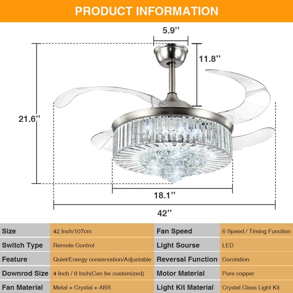 One-Day Sale: Up to 70% Off Crystal Chandelier Ceiling Fan with LED Light and Remote Control, 42 Modern Retractable Blade Ceiling Fans Light, 3 Lights Color and 6 Speeds, Perfect for Indoor, Living Room, Bedroom (Crystal Silver)…