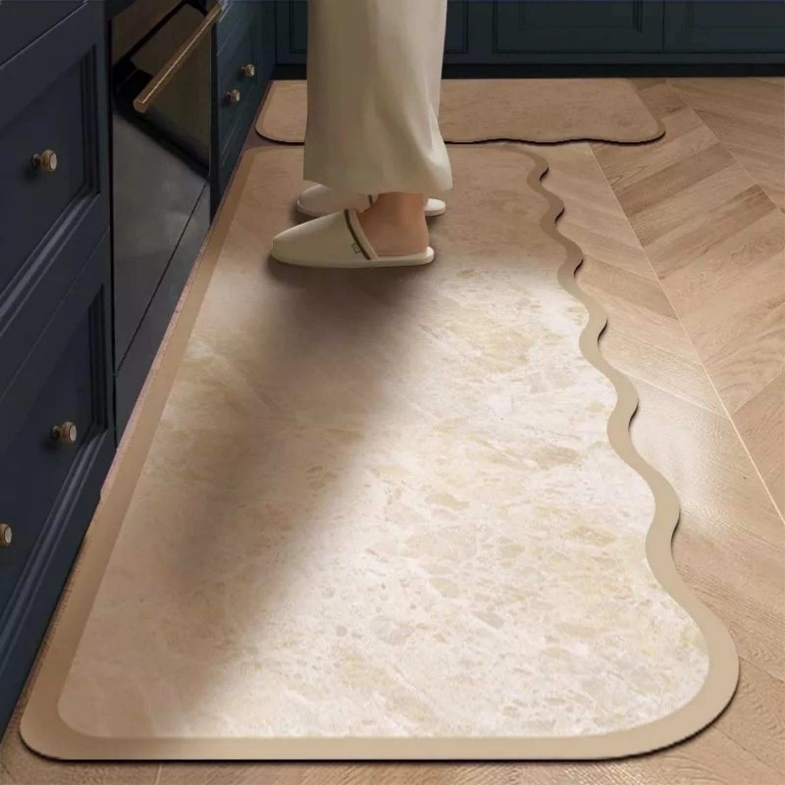 Tapis de cuisine en cuir premium effet marbre beige moderne, set de 2 pièces durables lavables