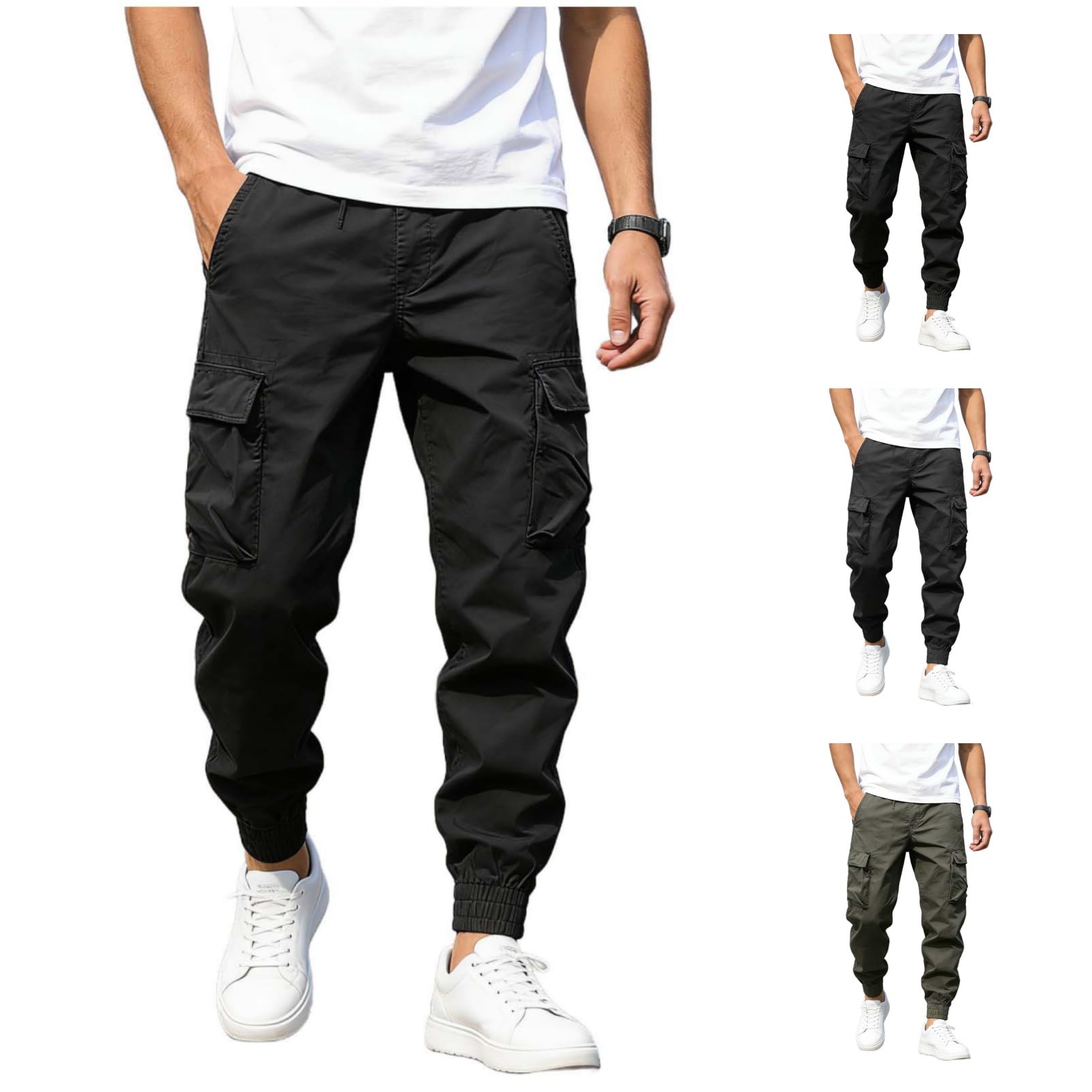 Mens Cargo Pants Athletic Joggers Elastic Waist Multiple Pockets Sweatpants Ankle Cuffs Casual Outdoor Workout Trousers — view 10