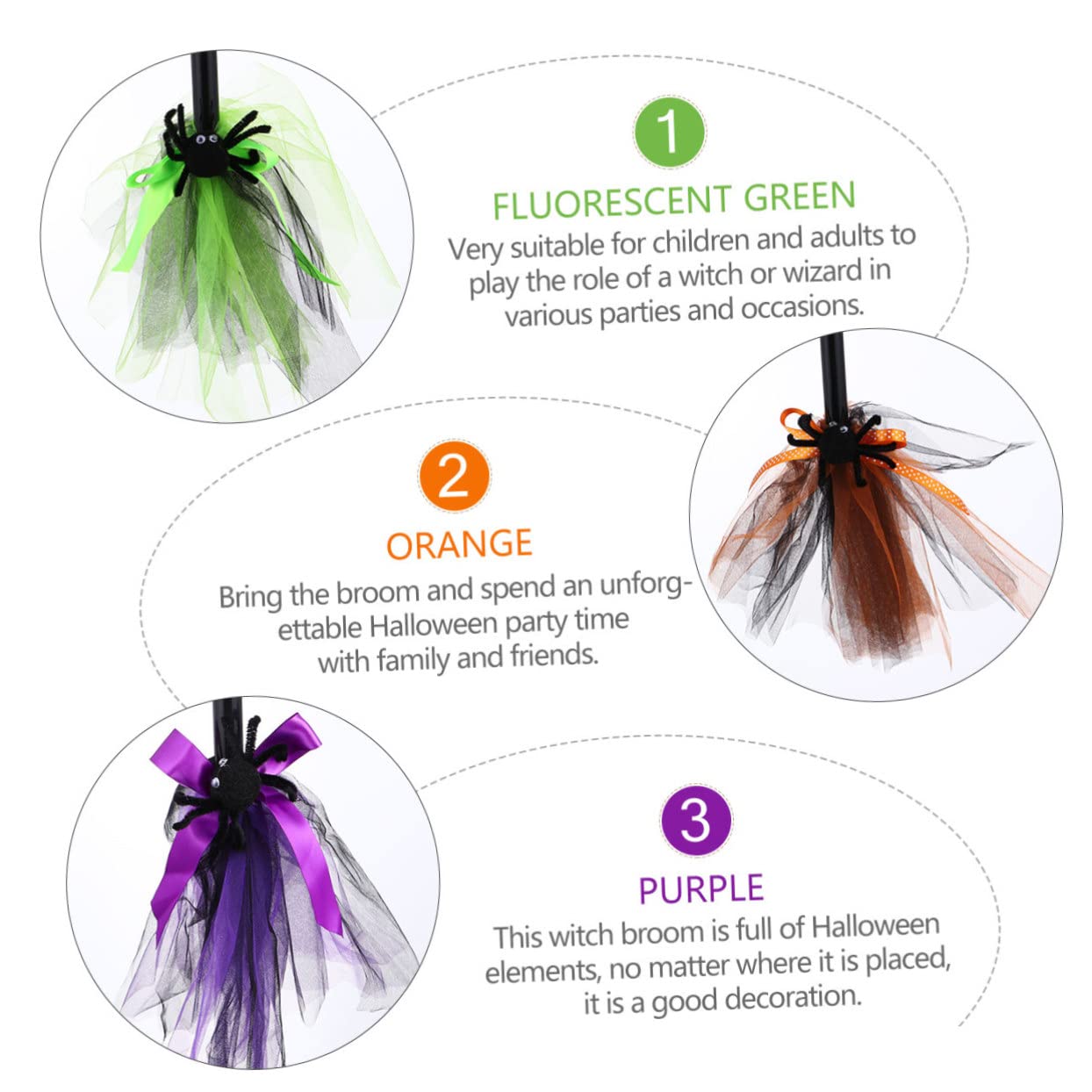 KOMBIUDA 3pcs Orange Fluorescent Green Purple Halloween Witch Broom Props Animated Show Broom Decoration for Costume Party