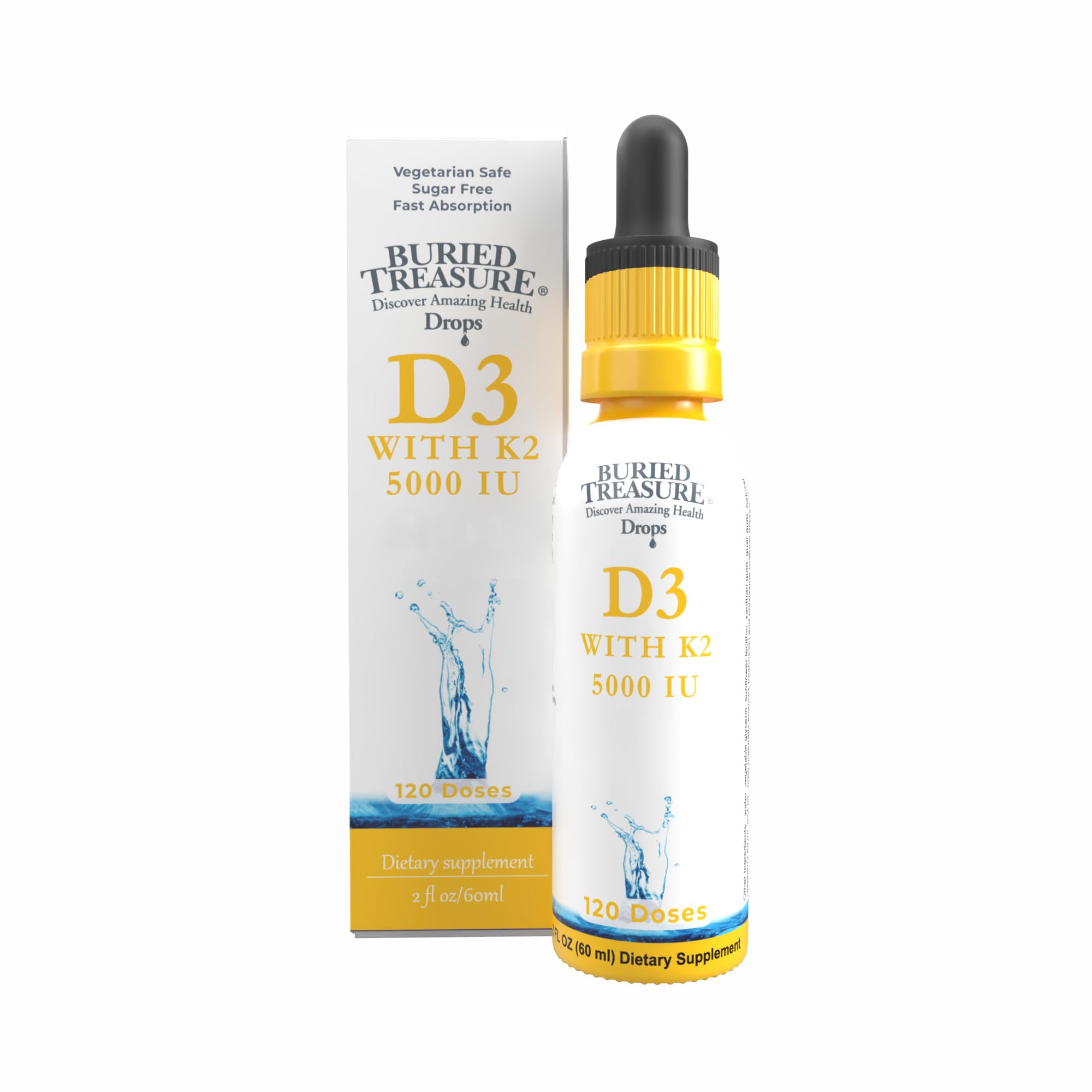 Buried Treasure Vitamin D3 & K2 Drops - 5000 IU D3 with 100 mcg K2 for Bone, Heart & Immune Support, Sugar Free, 2 fl oz