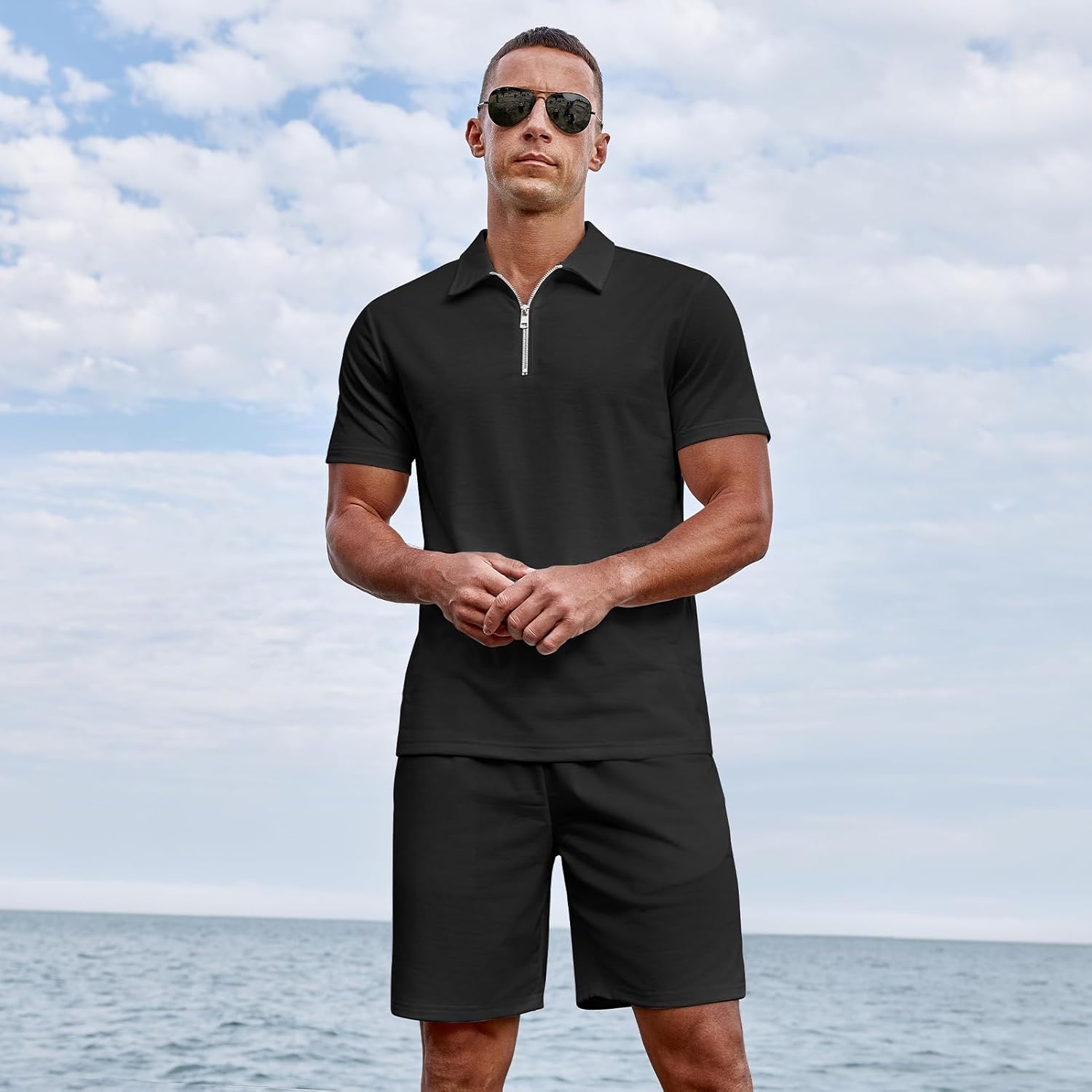 Uni Clau Mens Summer Track Suits 2 Piece Shorts Sets Short Sleeve Sweatsuit Outfits Zip Golf Casual Polo Shirts and Shorts - Image 4
